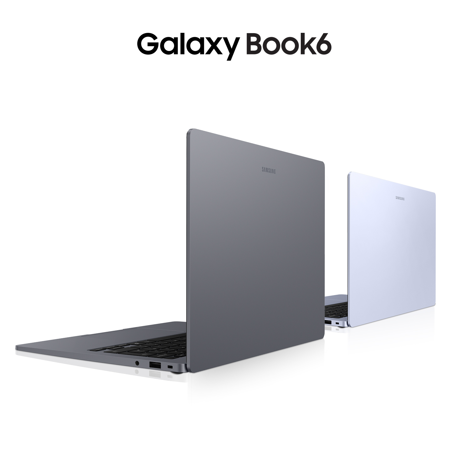 Dos portátiles Samsung Galaxy Book6 sobre fondo blanco; uno gris oscuro en primer plano y otro azul claro detrás.