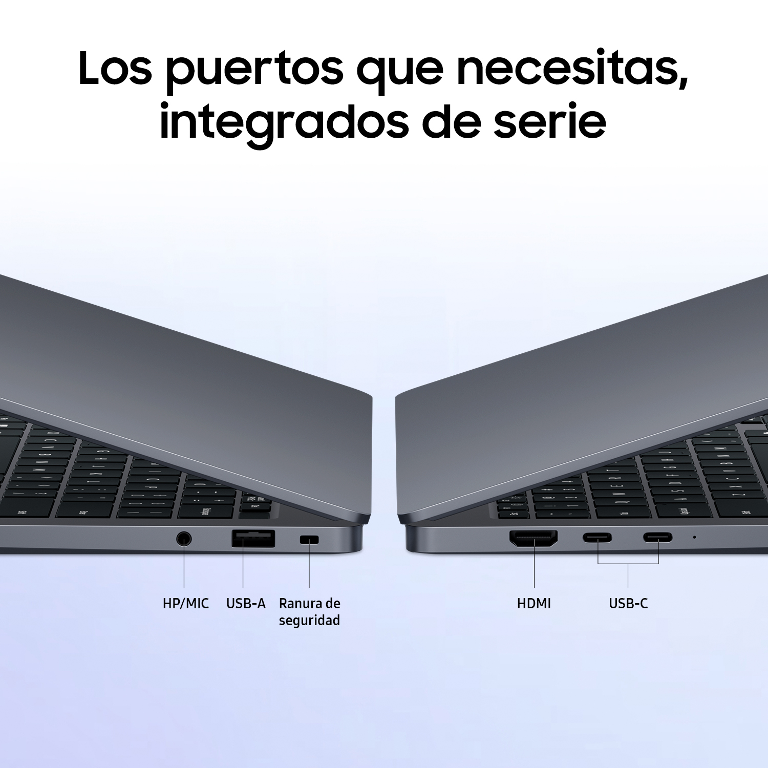 Los puertos que necesitas, integrados de serie: HP/MIC, USB-A, ranura de seguridad, HDMI y USB-C.