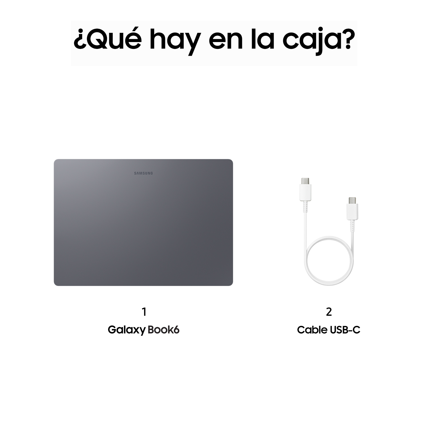 Portátil Galaxy Book6 y cable USB-C sobre fondo blanco.