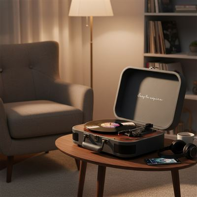 Un tocadiscos en maleta con un disco de vinilo sobre una mesa de centro de madera en una habitación.