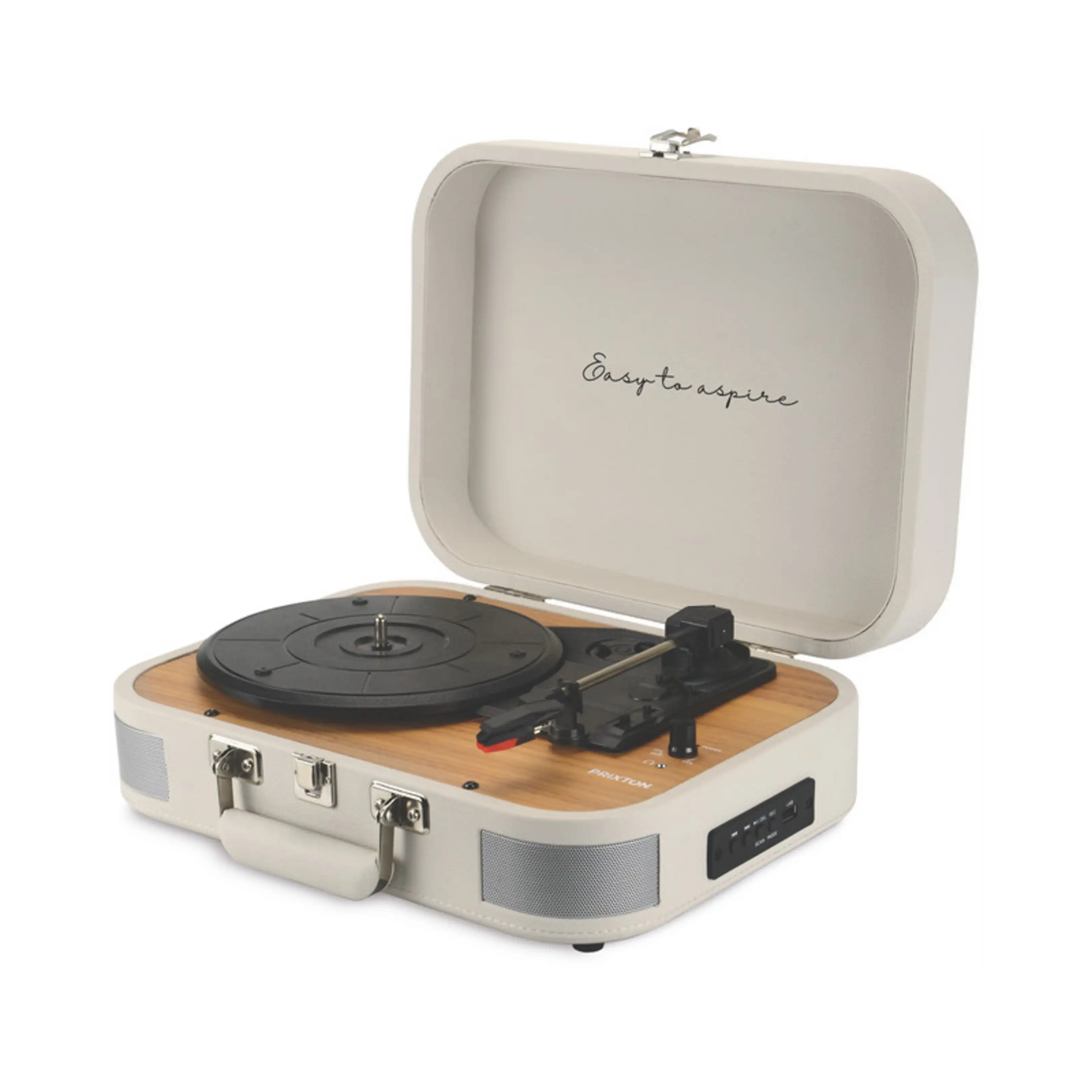 Un tocadiscos tipo maleta de color crema con detalles de madera, plato negro y la frase Easy to aspire en la tapa.