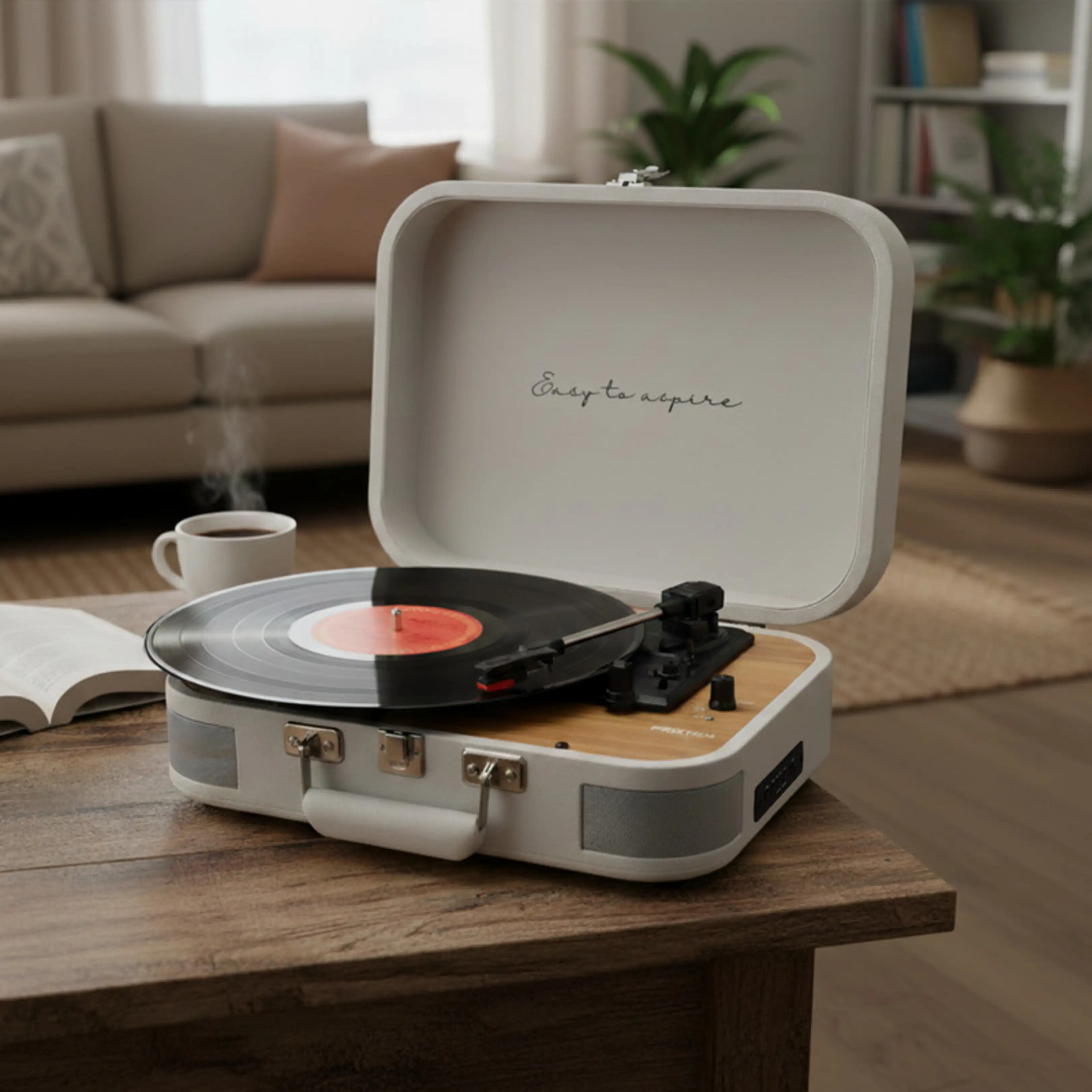 Un tocadiscos portátil blanco con vinilo rojo sobre una mesa de madera, con una taza de café.