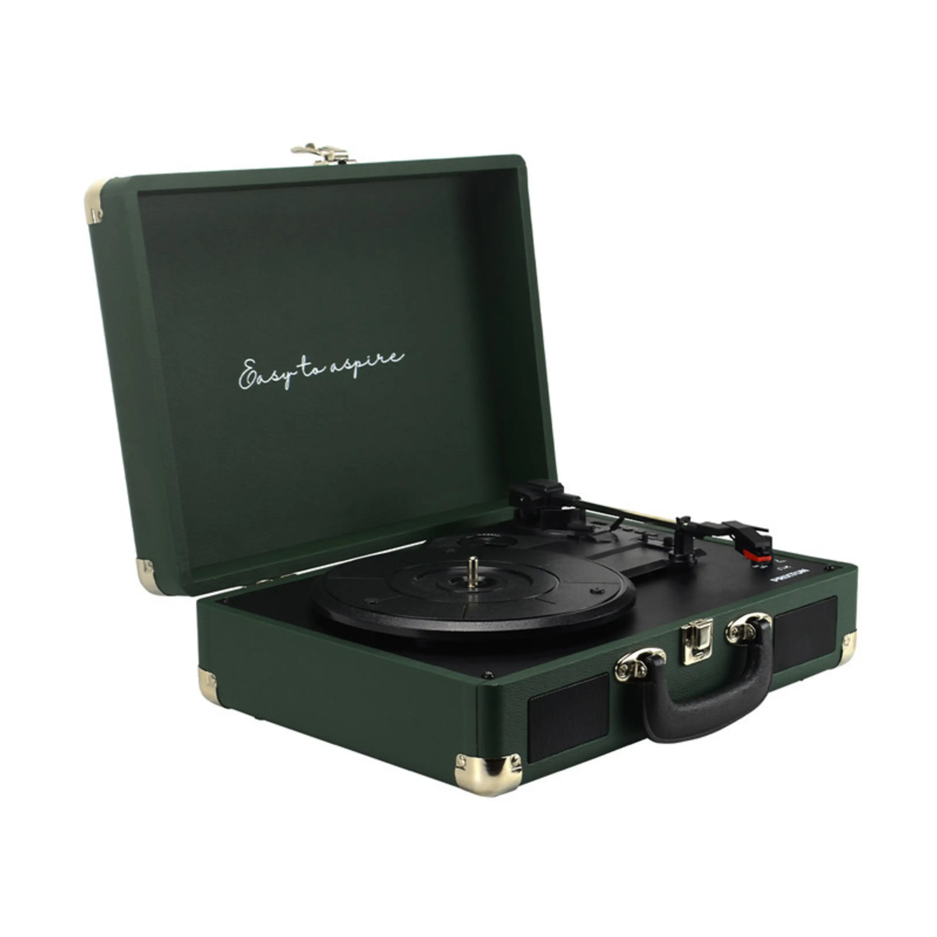 Un tocadiscos maletín verde oscuro abierto, con interior negro y herrajes metálicos plateados.