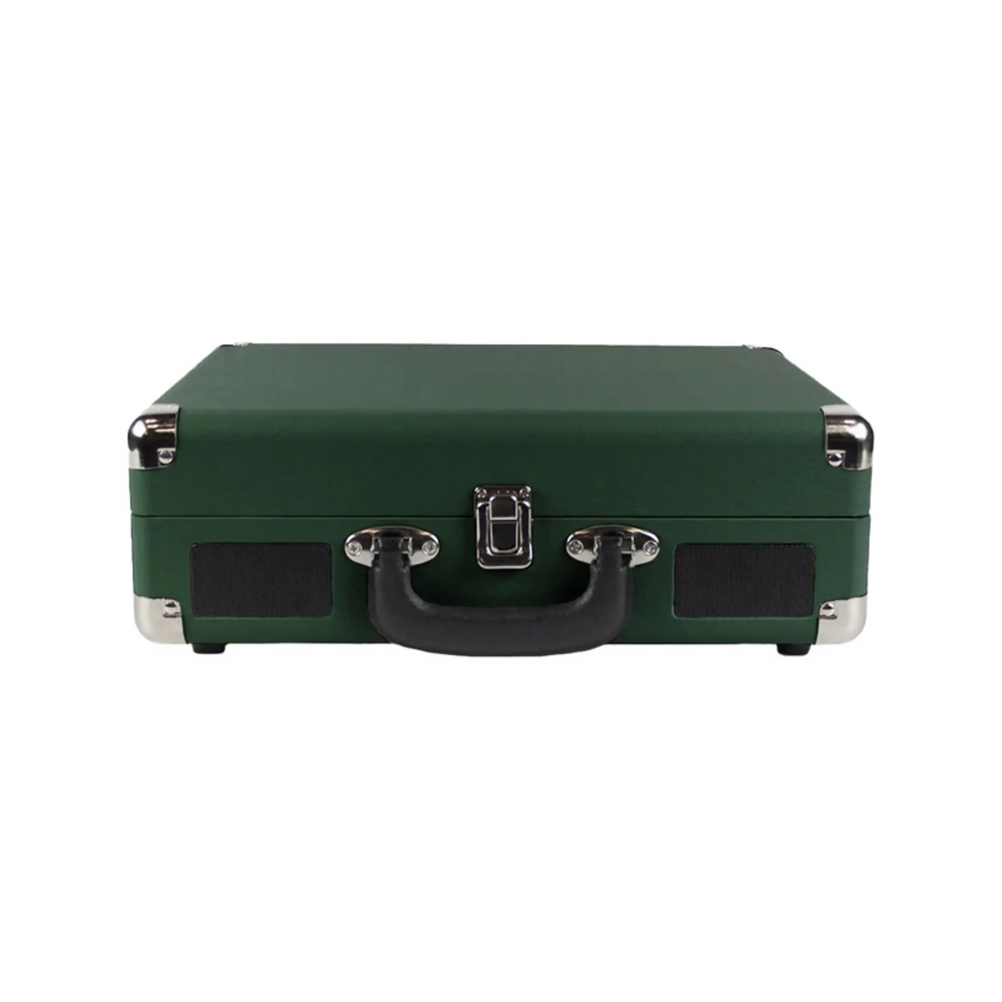 Maletín verde oscuro con herrajes metálicos, asa negra y altavoces frontales.
