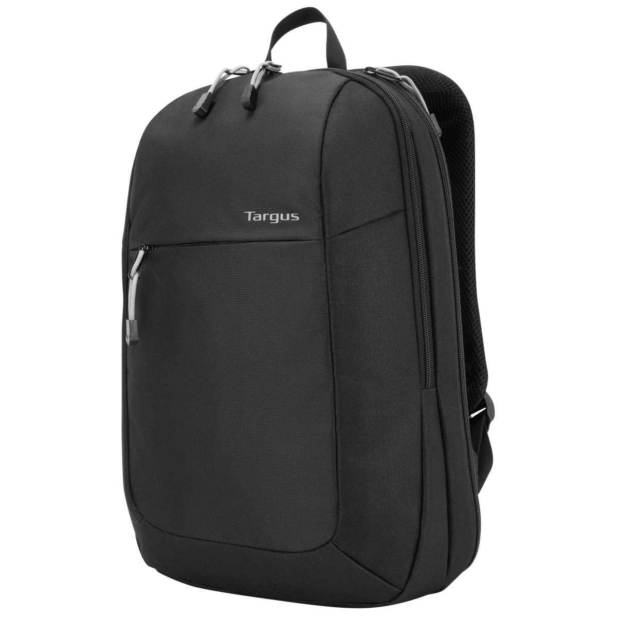 Mochila negra Targus con cremalleras y asa superior sobre fondo blanco.