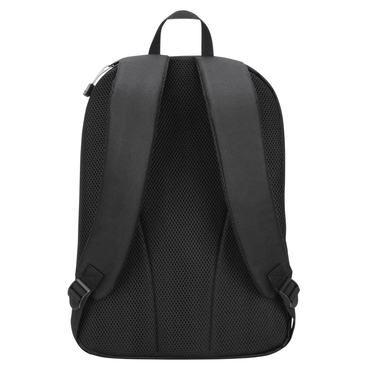 Vista trasera de una mochila negra con correas acolchadas y asa superior sobre un fondo blanco.