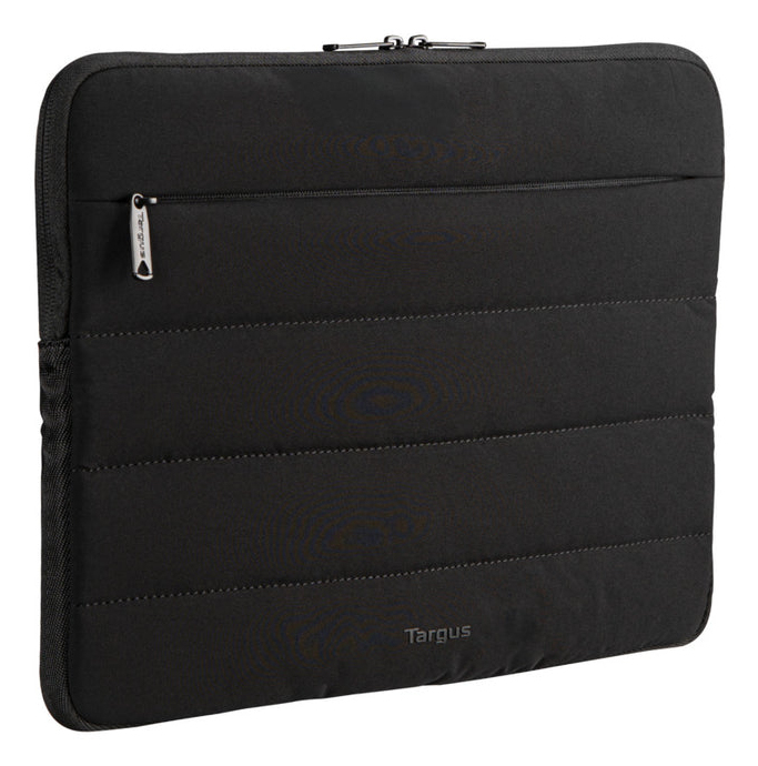 Funda para portátil Targus acolchada negra con bolsillo frontal sobre fondo blanco.