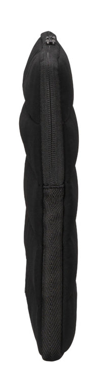 Una funda para portátil acolchada y negra con cremallera, vista de lado.
