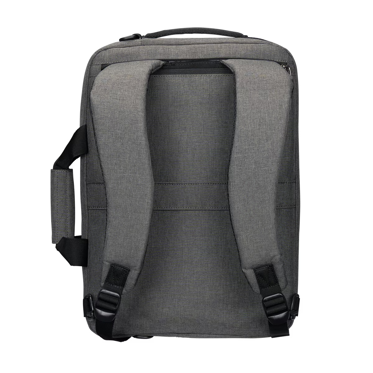 Mochila gris con correas ajustables y asa lateral sobre un fondo blanco.