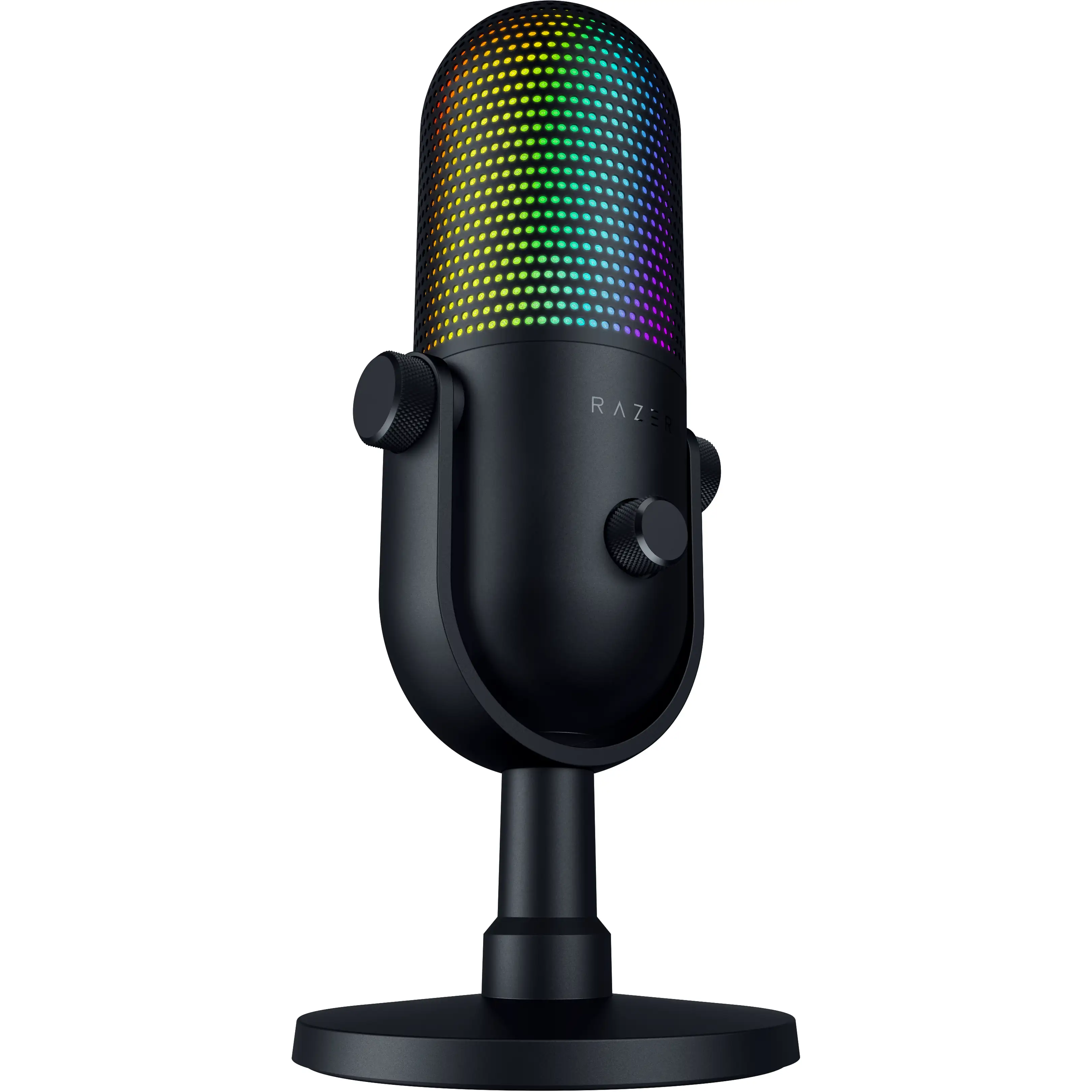 Micrófono USB Razer negro con rejilla de luz RGB vibrante en un soporte de escritorio redondo.