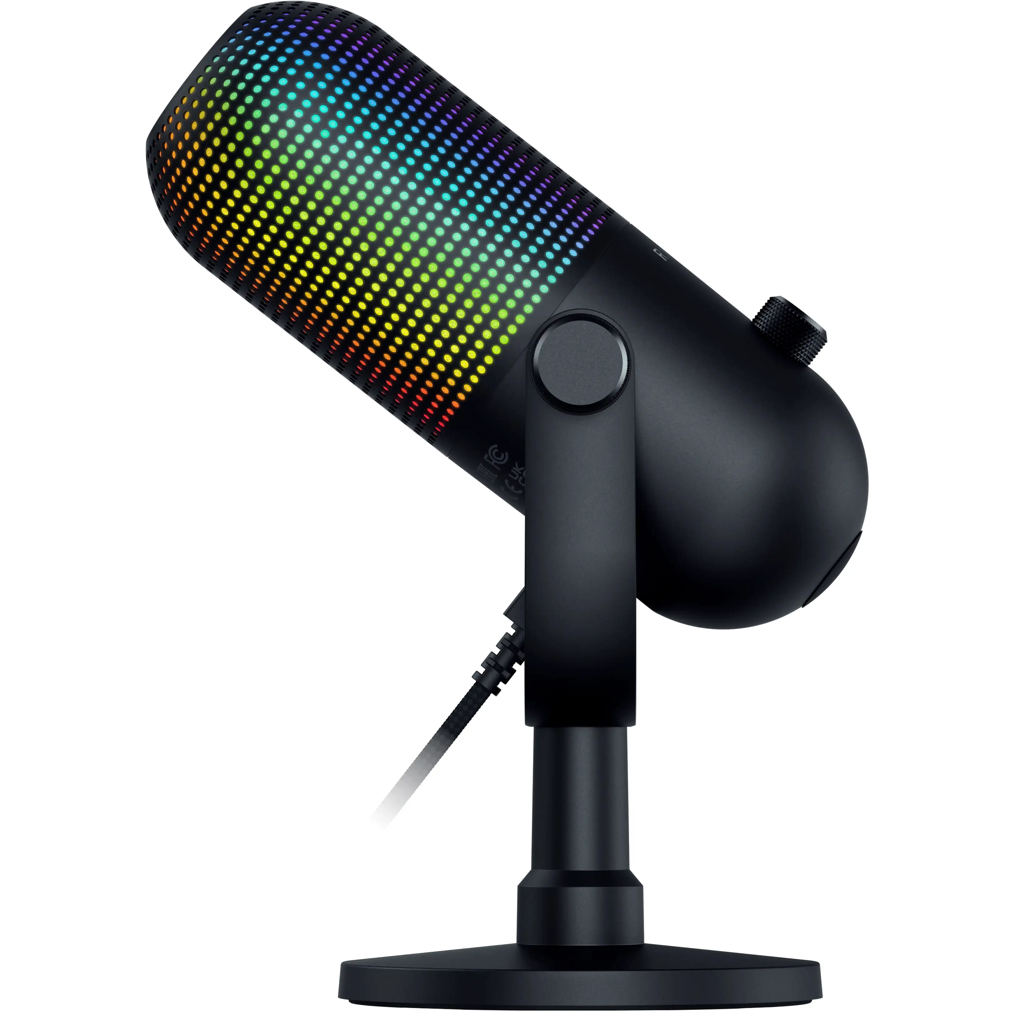 Un micrófono negro en un soporte con iluminación RGB colorida en la parte superior.