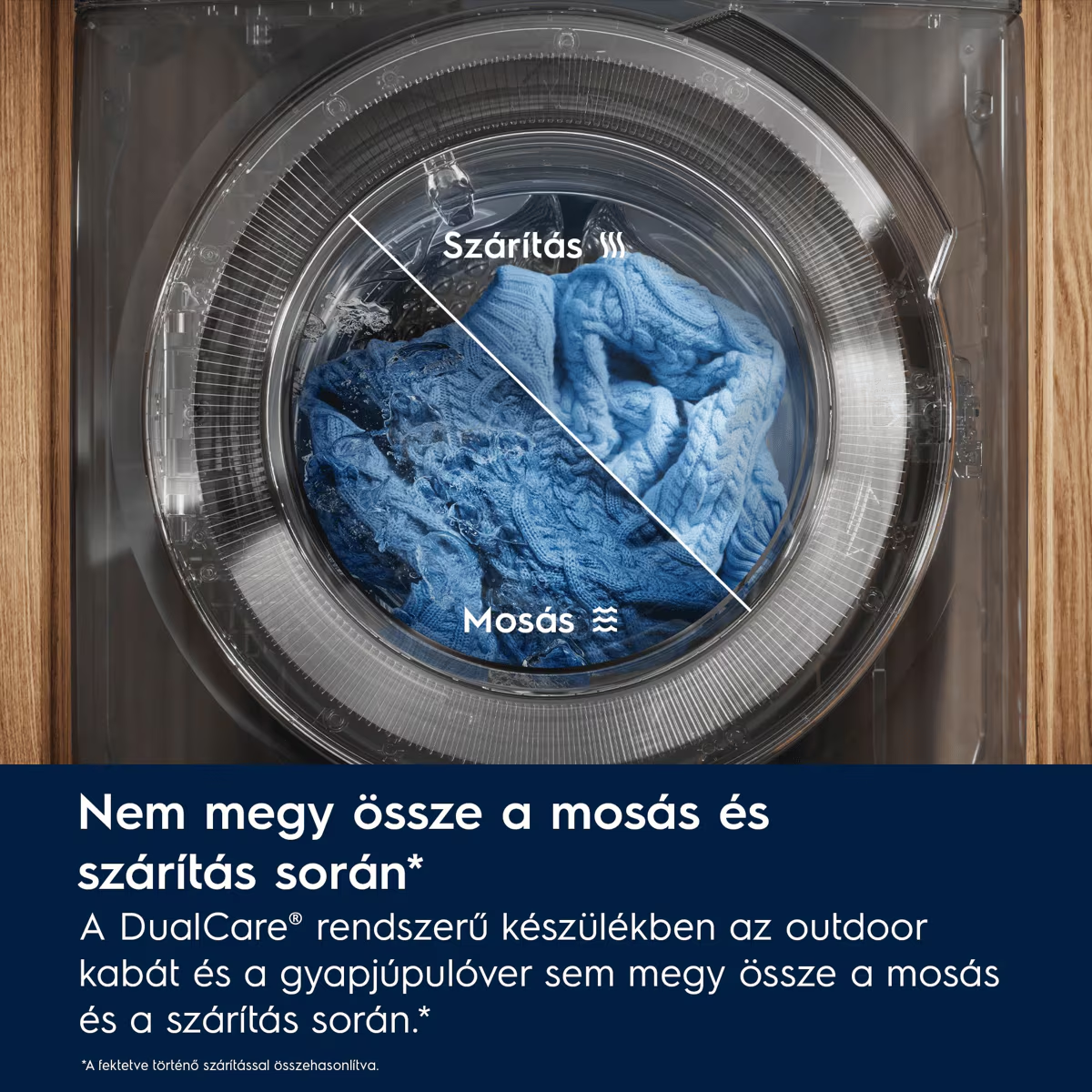 Kék ruhák egy mosó- és szárítógép dobjában.