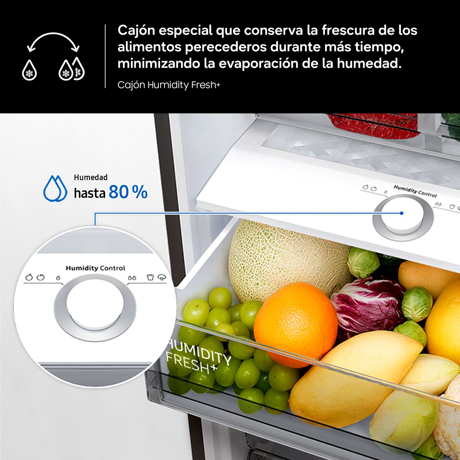 Cajón verdulero con control de humedad y frutas y verduras frescas.
