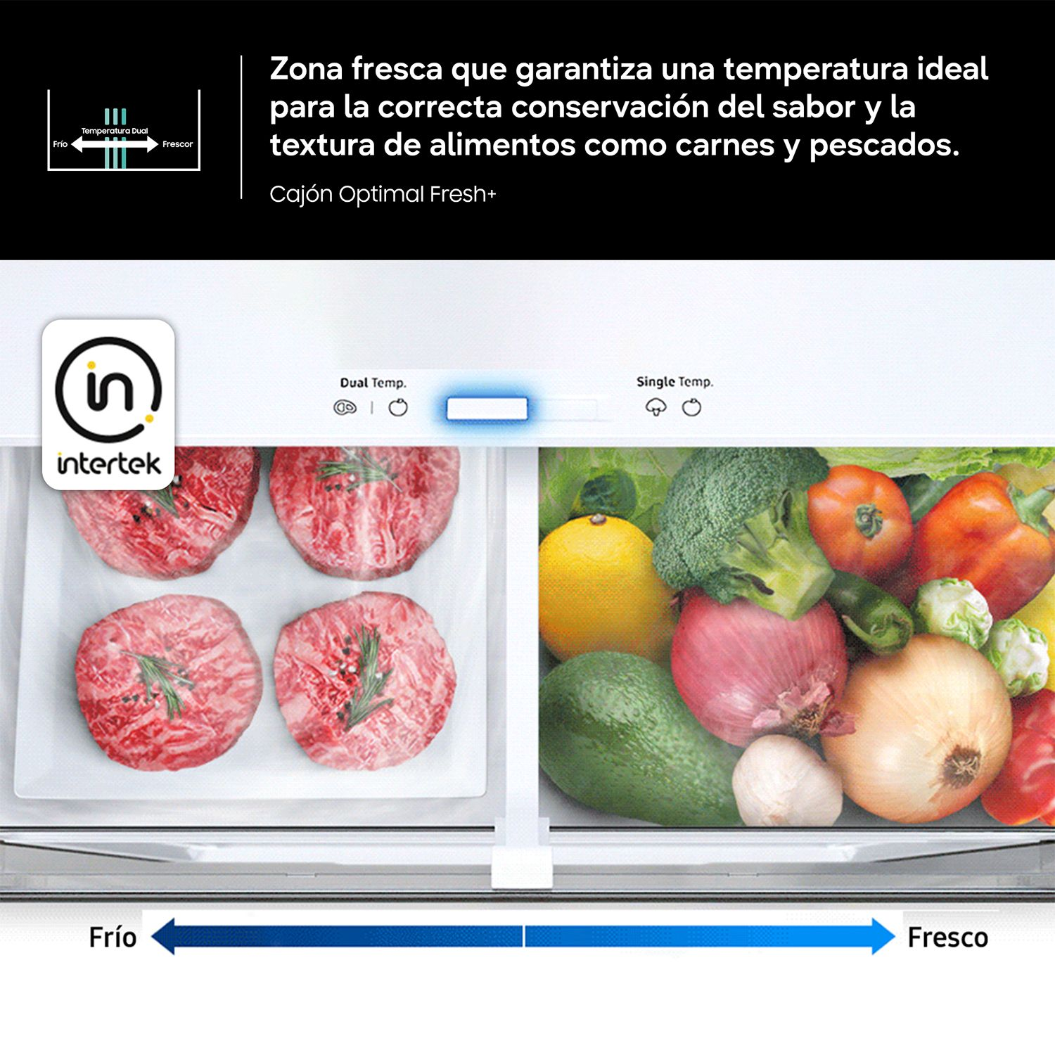 Cajón de refrigerador con carne cruda a la izquierda y verduras frescas a la derecha.