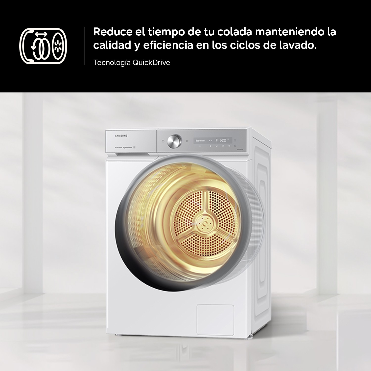 Una lavadora blanca Samsung con tecnología QuickDrive y un tambor interior dorado.