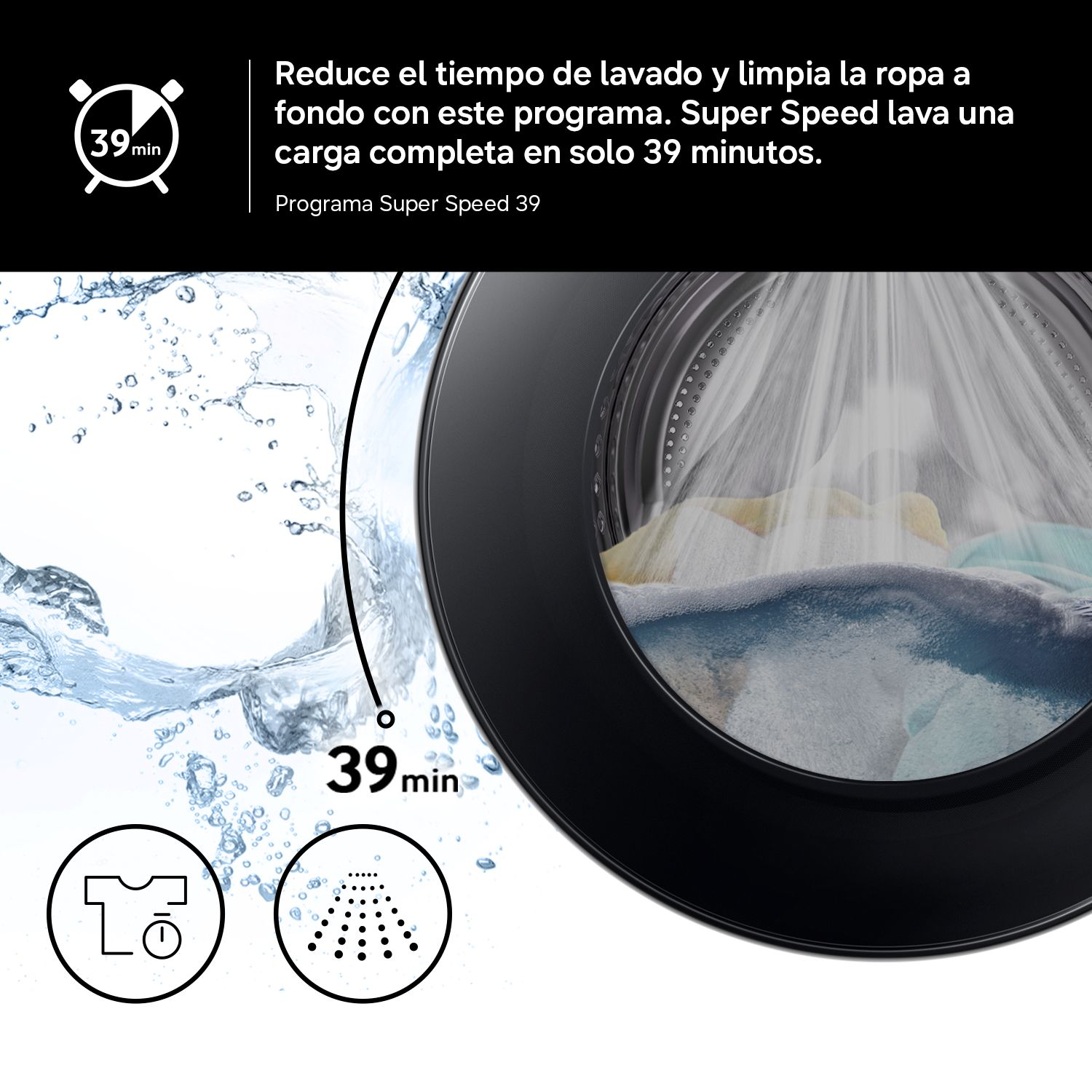 Puerta de lavadora con agua rociando la ropa, texto en español e iconos de 39 min.