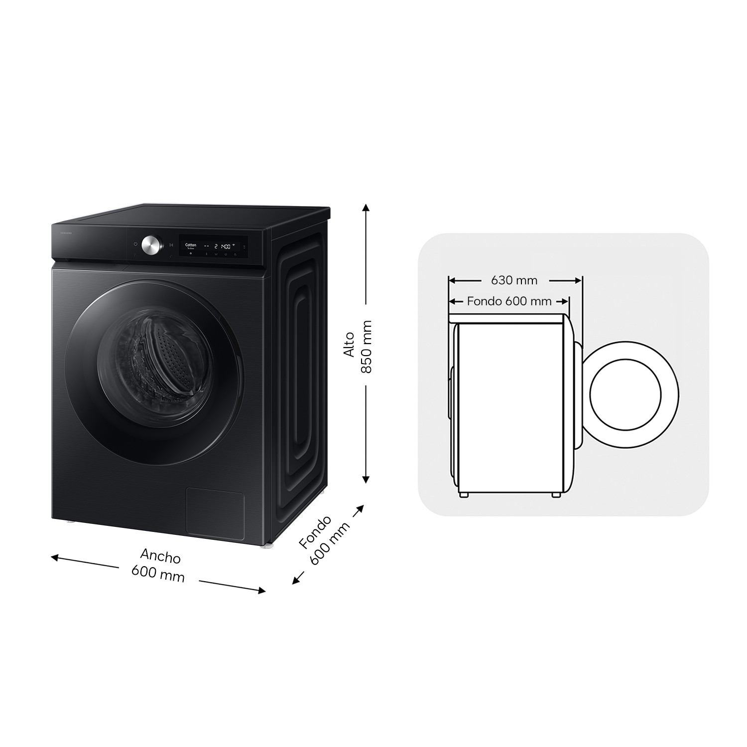 Lavadora negra con dimensiones: 600 mm de ancho, 850 mm de alto y 600 mm de fondo, incluye vista lateral.