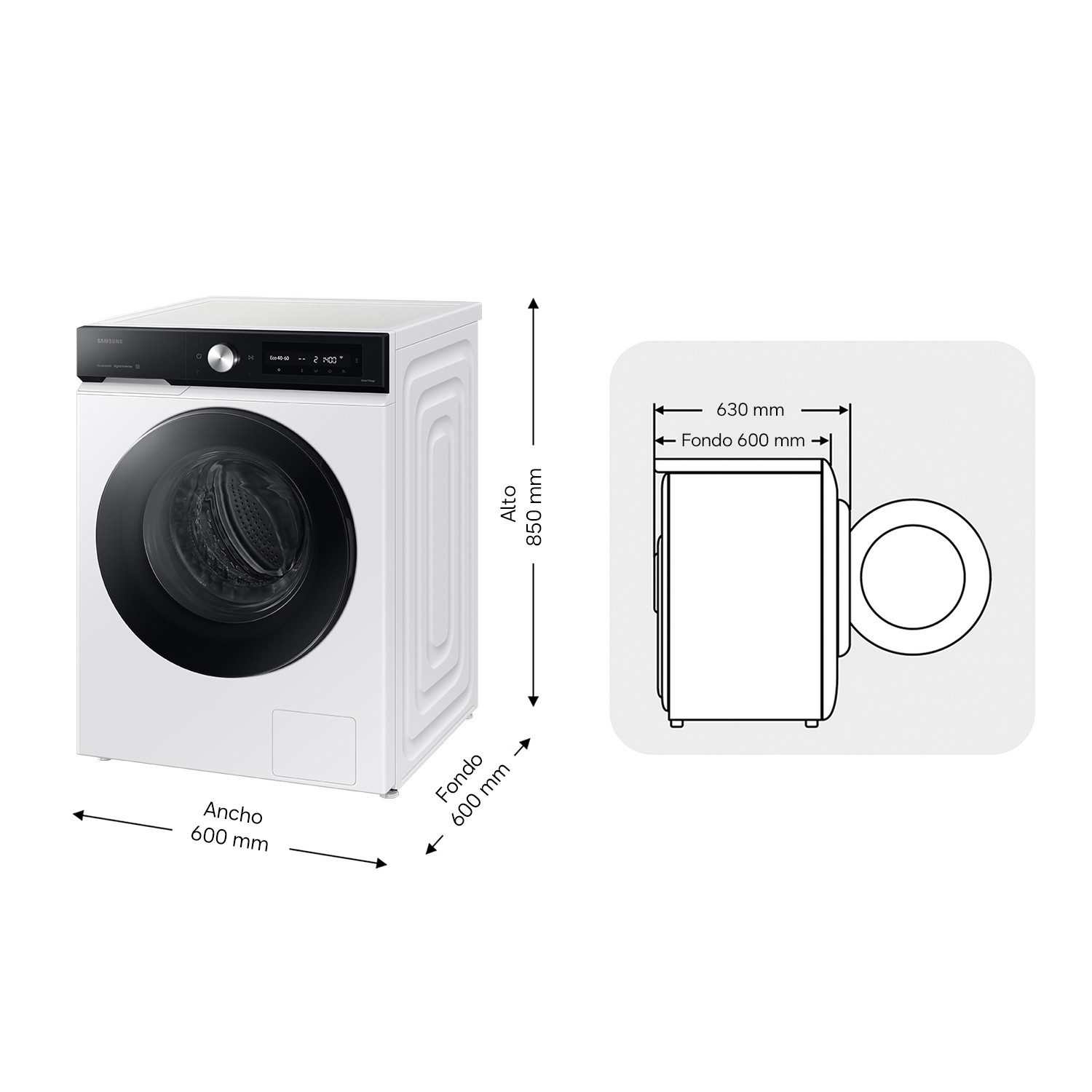 Lavadora blanca con dimensiones: 600 mm ancho, 850 mm alto, 600 mm fondo.
