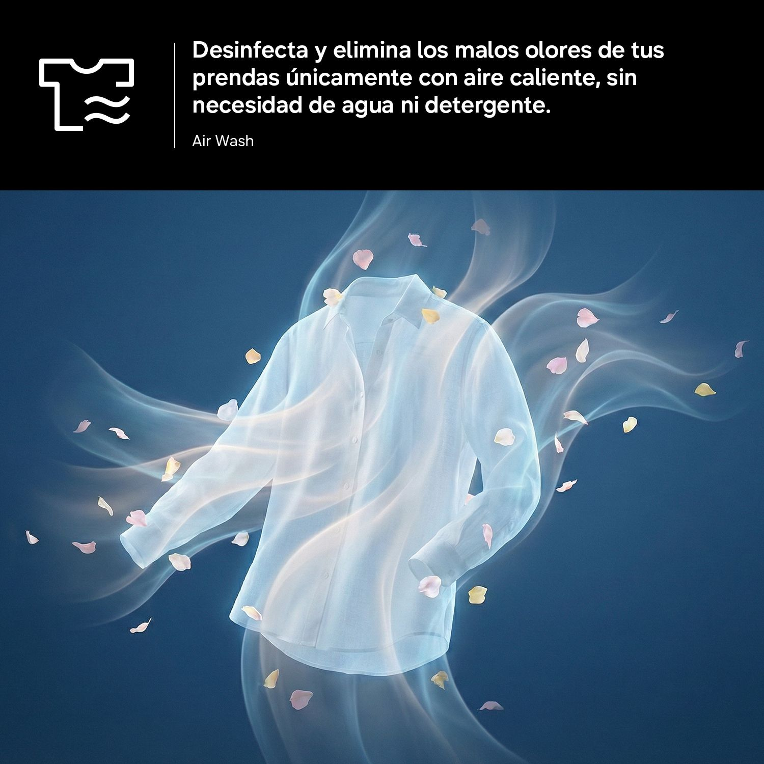 Una camisa azul claro rodeada de aire cálido y pétalos flotantes sobre un fondo azul oscuro.
