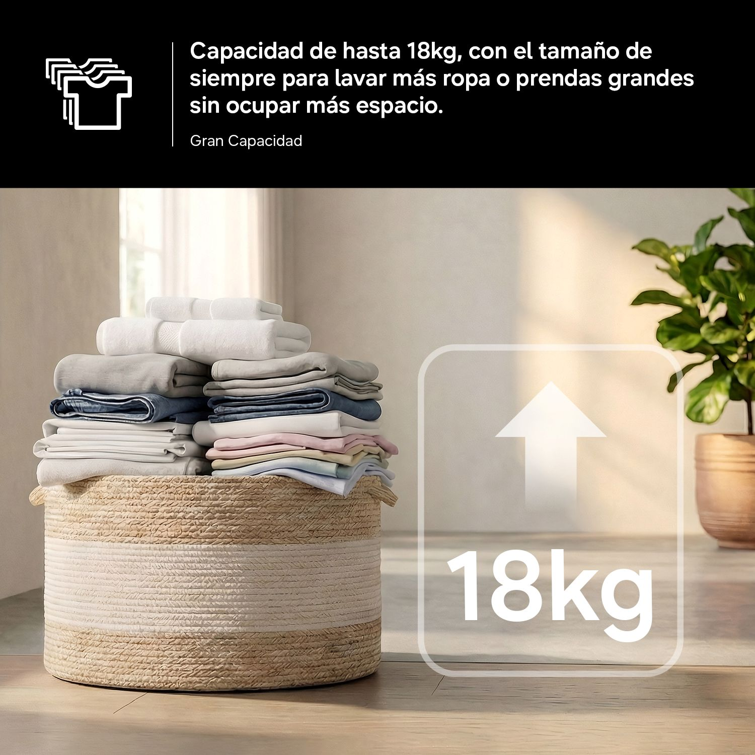 Una cesta grande llena de ropa doblada sobre fondo claro con texto e icono.