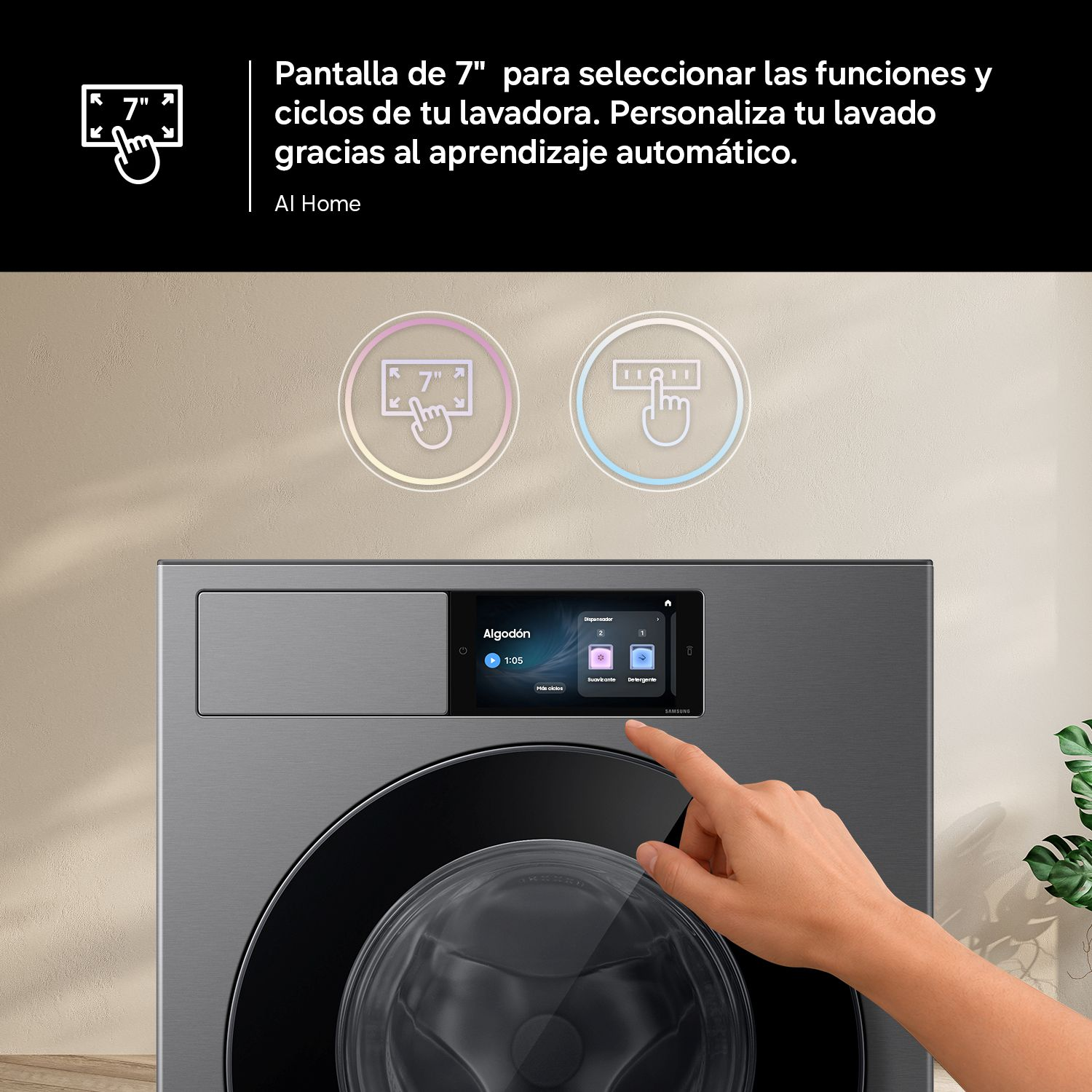 Mano tocando la pantalla de 7 pulgadas de una lavadora gris, con iconos de AI Home arriba.