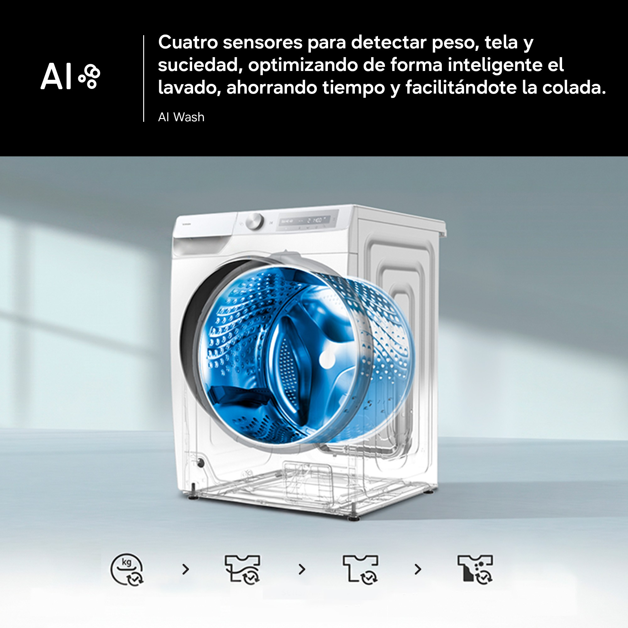 Una lavadora blanca con cuerpo transparente que muestra el tambor azul y cuatro iconos en la parte inferior.