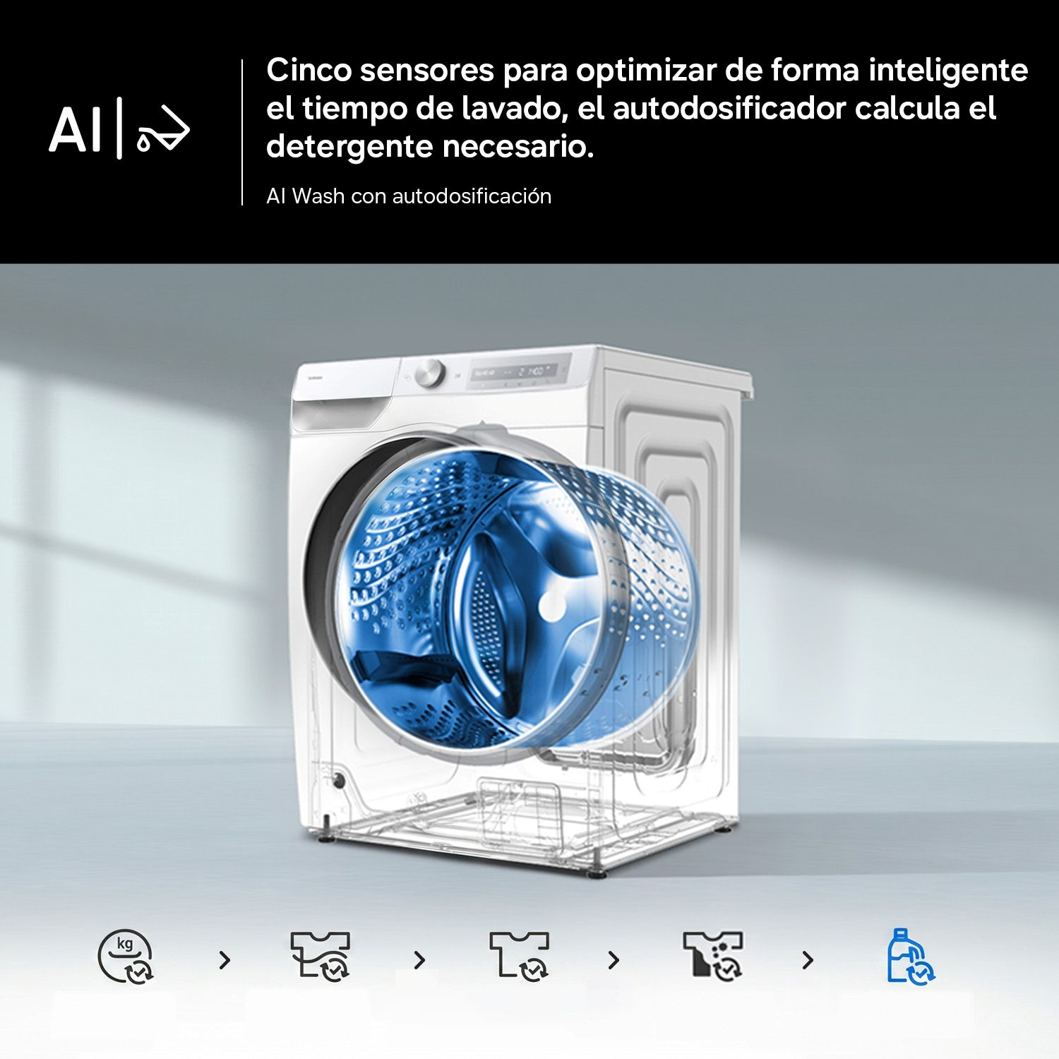 Una lavadora blanca con el tambor interior azul brillante y texto arriba.