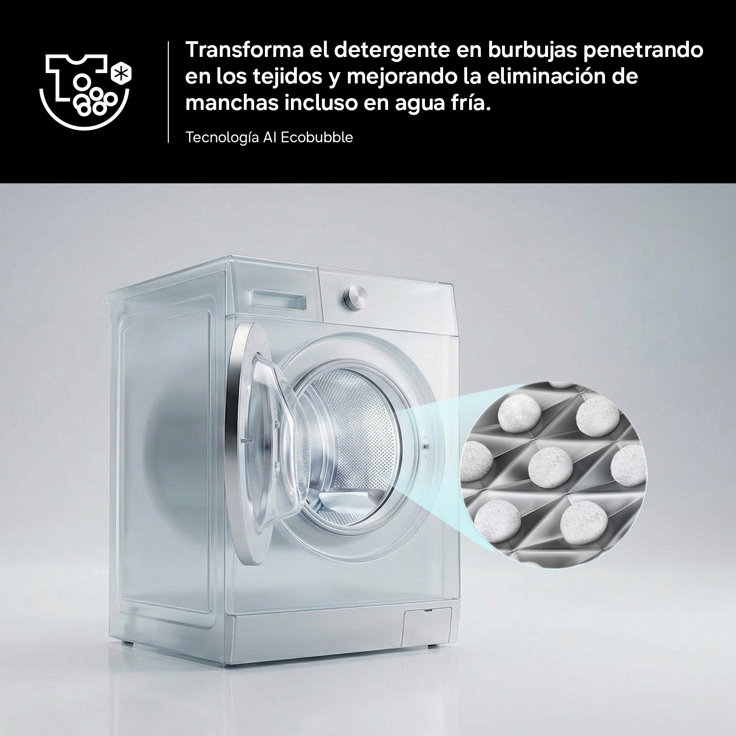 Lavadora transparente con puerta abierta mostrando burbujas que eliminan manchas en agua fría.