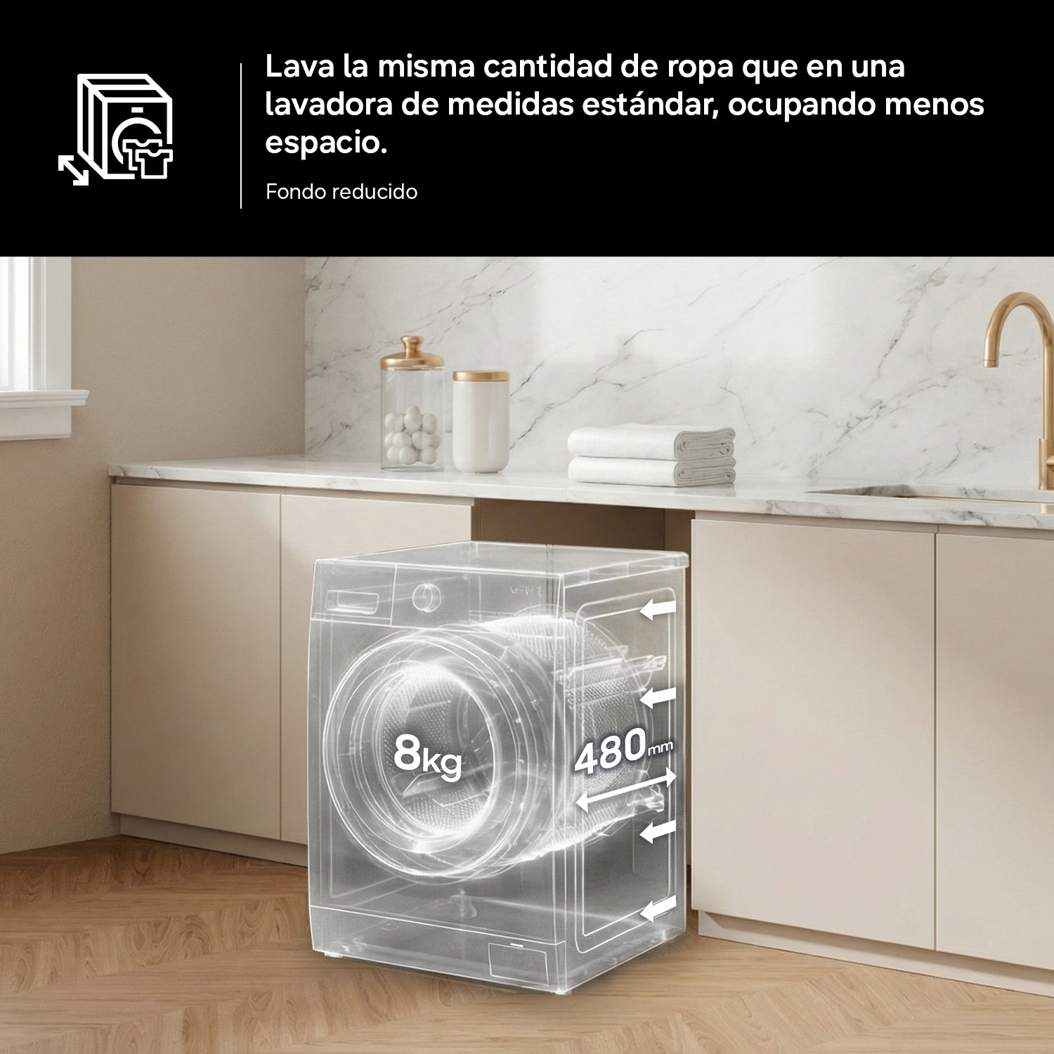Lavadora semitransparente de 8kg en una cocina moderna con texto y dimensiones.