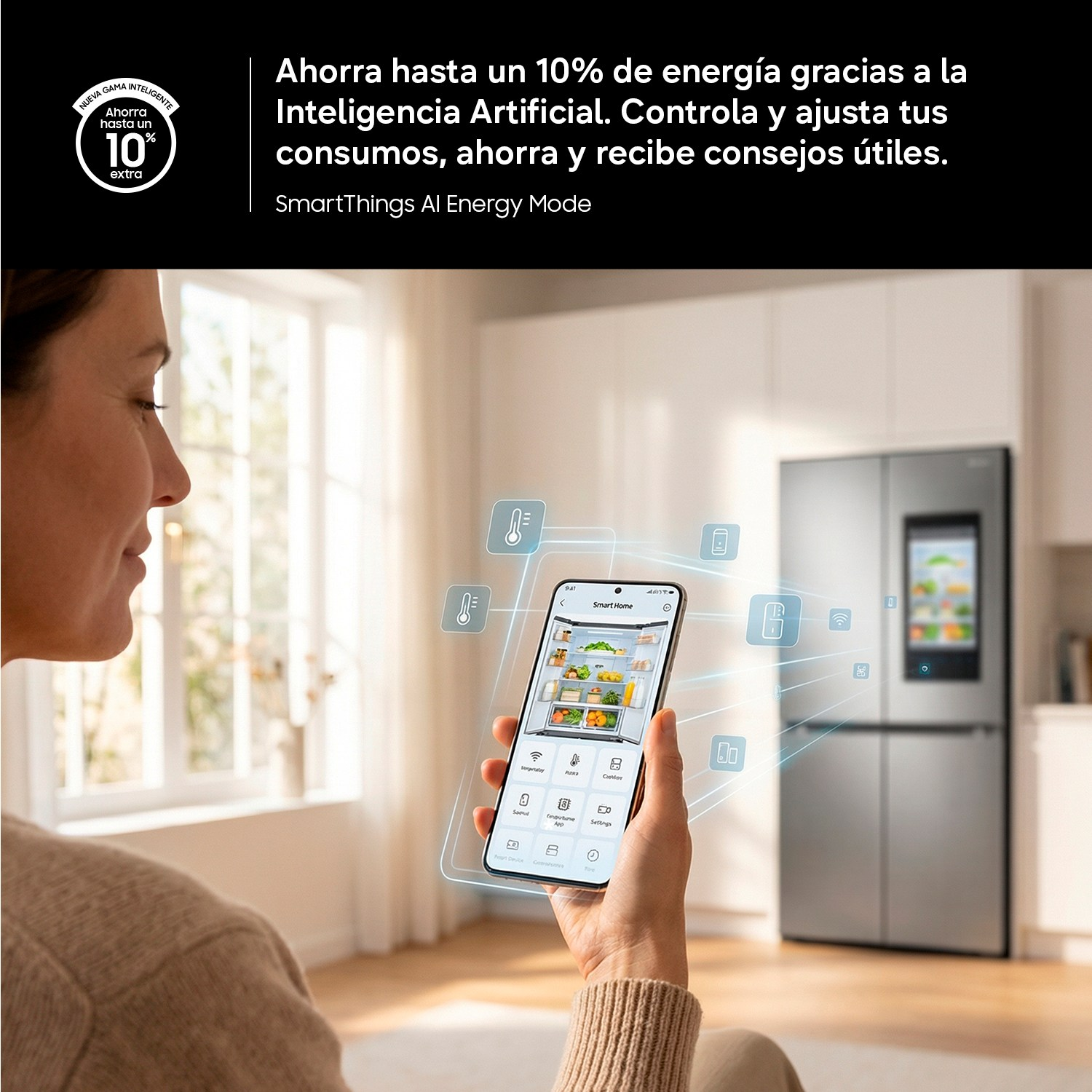 Una mujer controla un refrigerador inteligente con una aplicación móvil y iconos conectados.