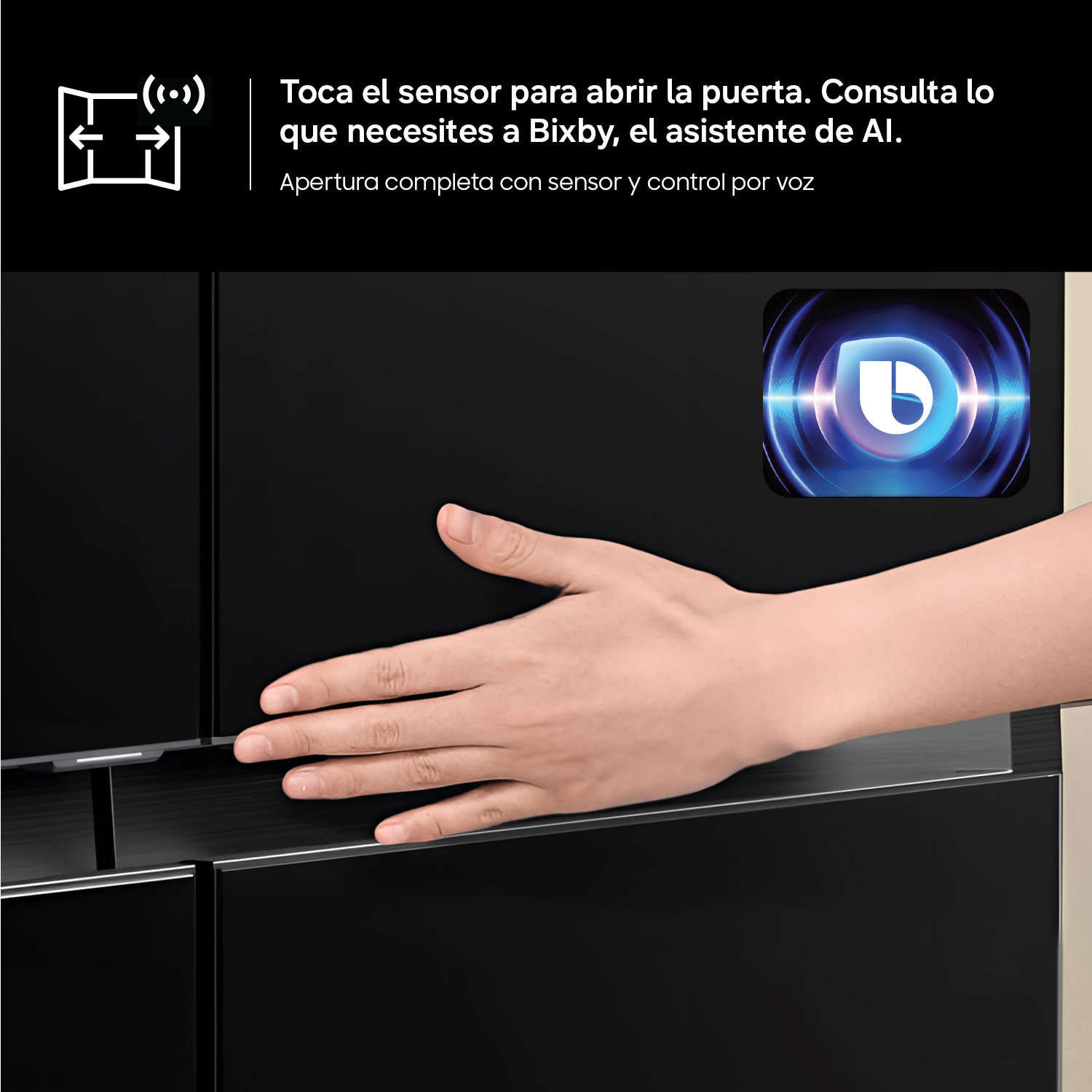 Mano tocando puerta de refrigerador negra con sensor y logo Bixby.