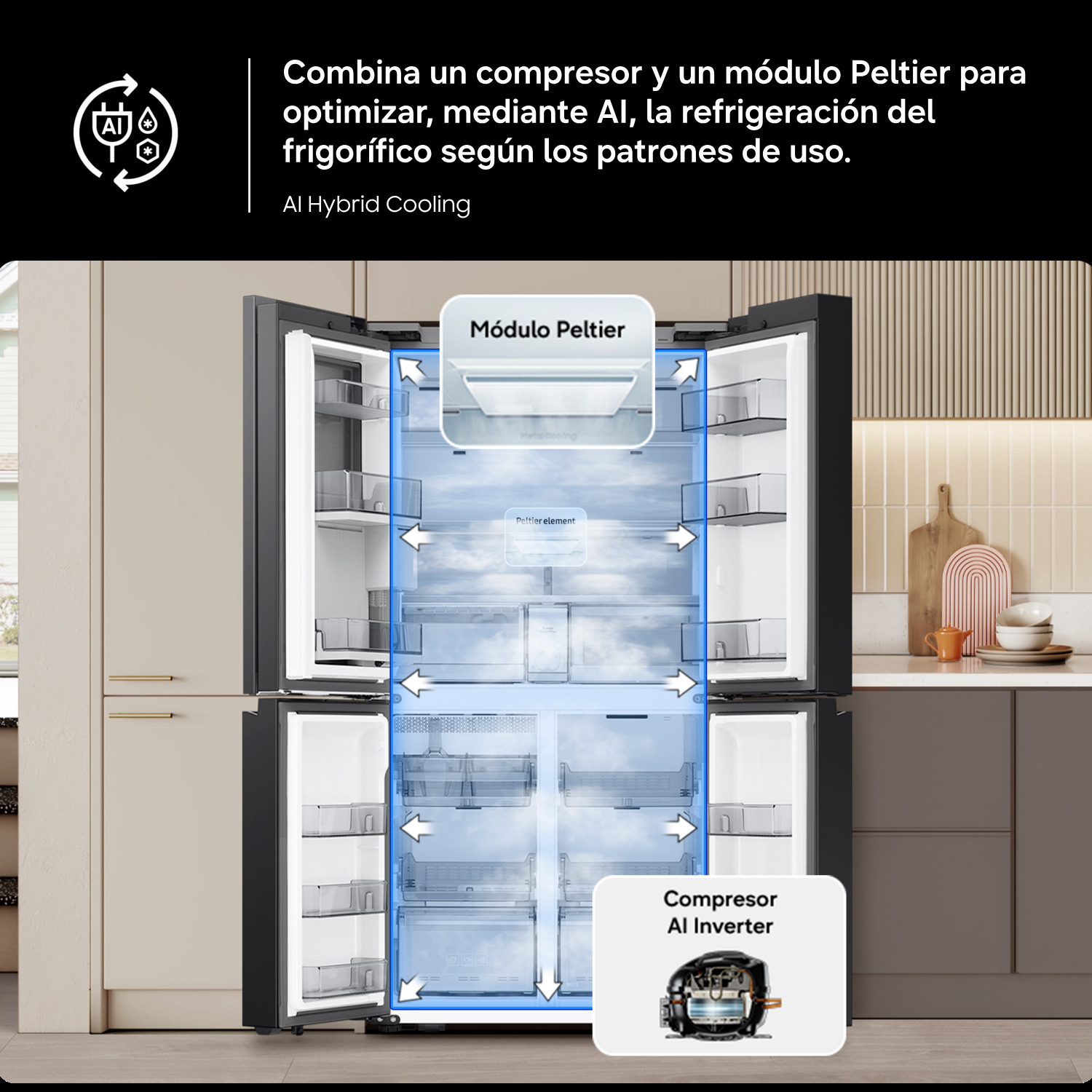 Frigorífico negro abierto con refrigeración híbrida AI, módulo Peltier y compresor en una cocina.