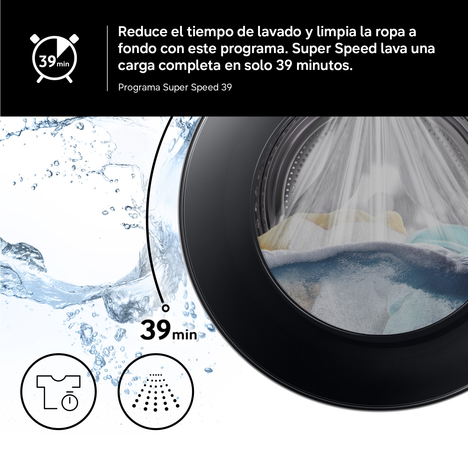 Lavadora Super Speed mostrando ropa en agua con icono de 39 minutos.