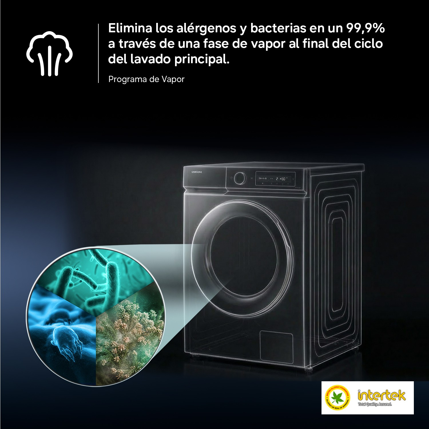 Gráfico de lavadora mostrando ciclo de vapor que elimina alérgenos y bacterias.