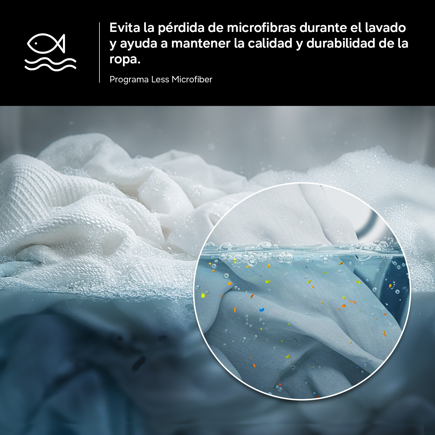 Ropa en una lavadora, con una lupa circular que muestra microfibras coloridas en el agua.