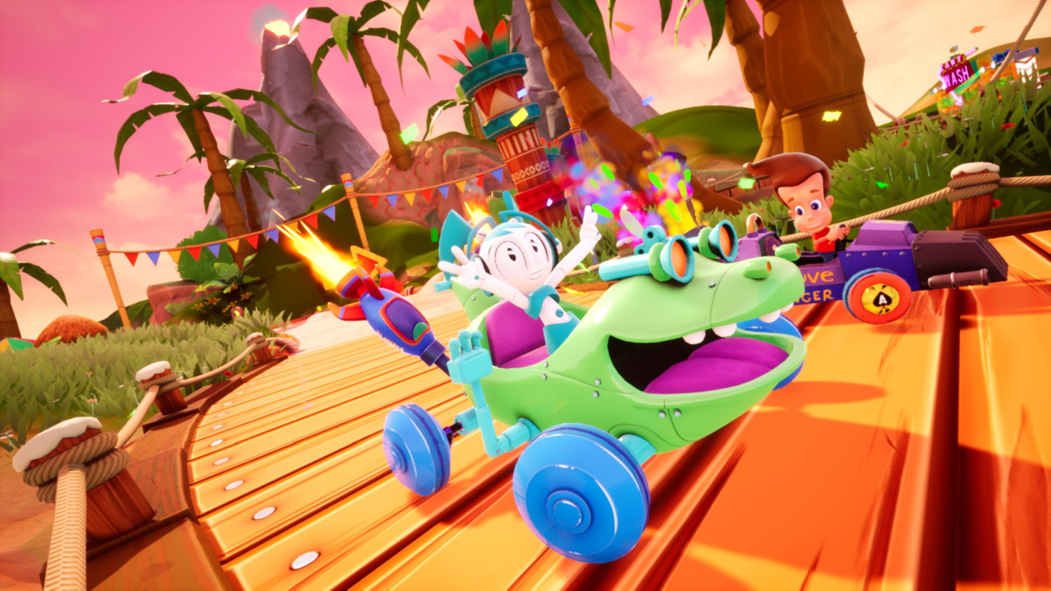 Personaggi dei cartoni animati guidano kart colorati su una passerella di legno tropicale.