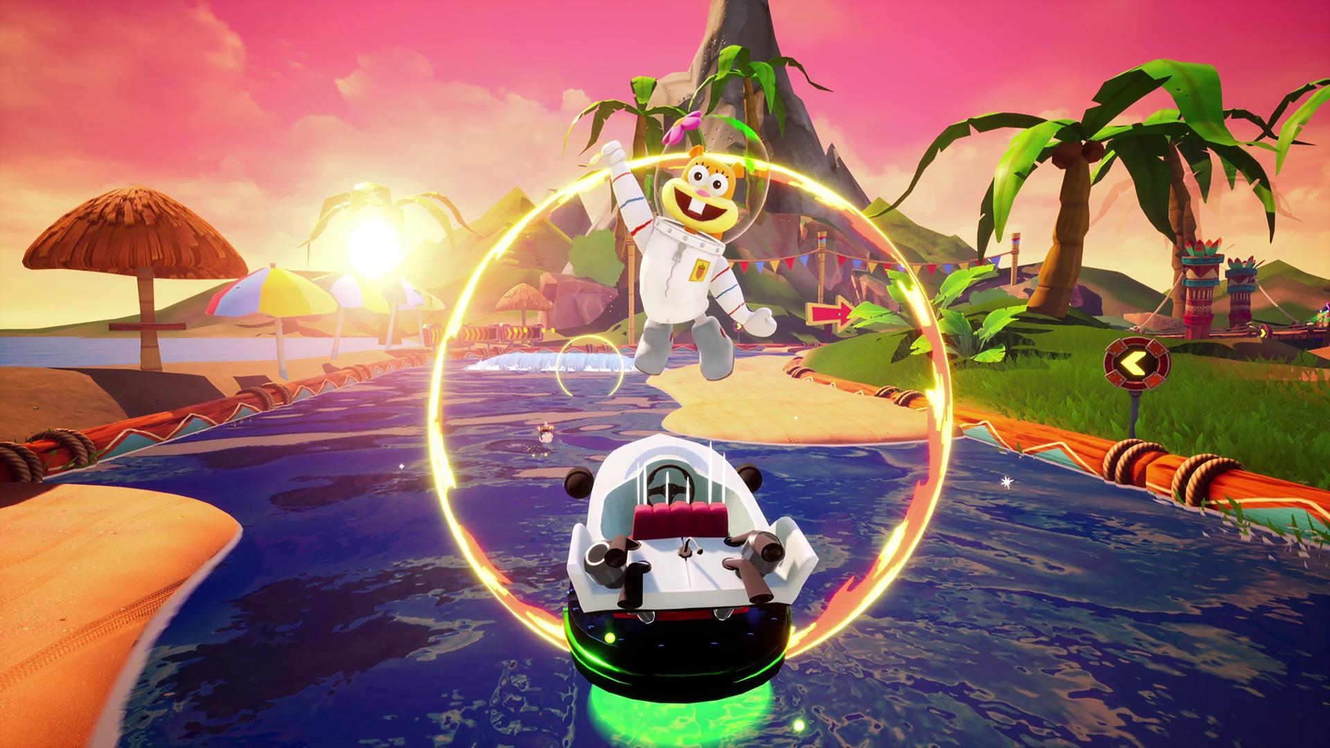 Sandy Cheeks salta sopra un hovercraft su un fiume nella giungla al tramonto.