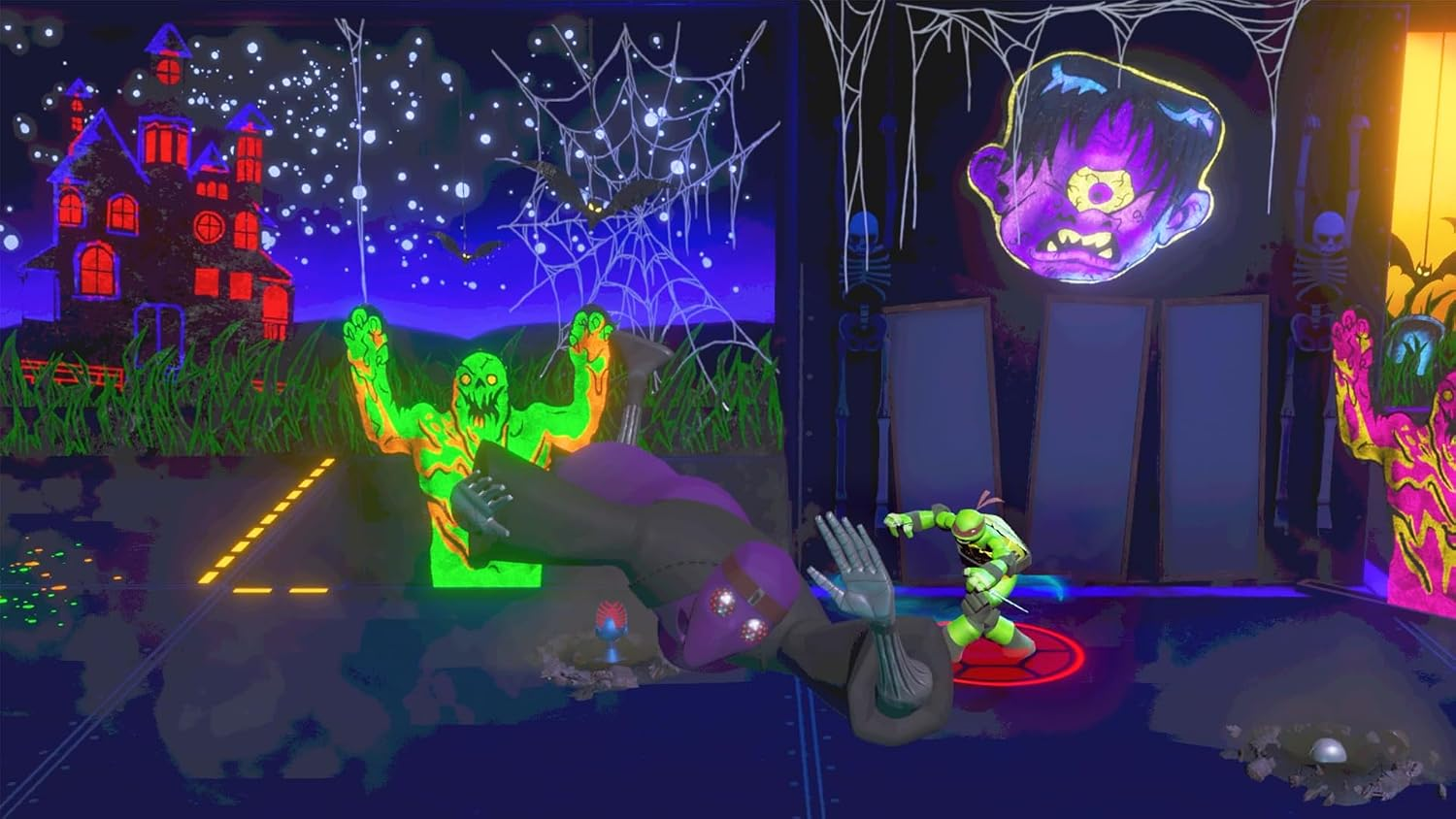 Eine gruselige Halloween-Szene mit einer Zeichentrickfigur, die im Dunkeln gegen geisterhafte Gestalten kämpft.