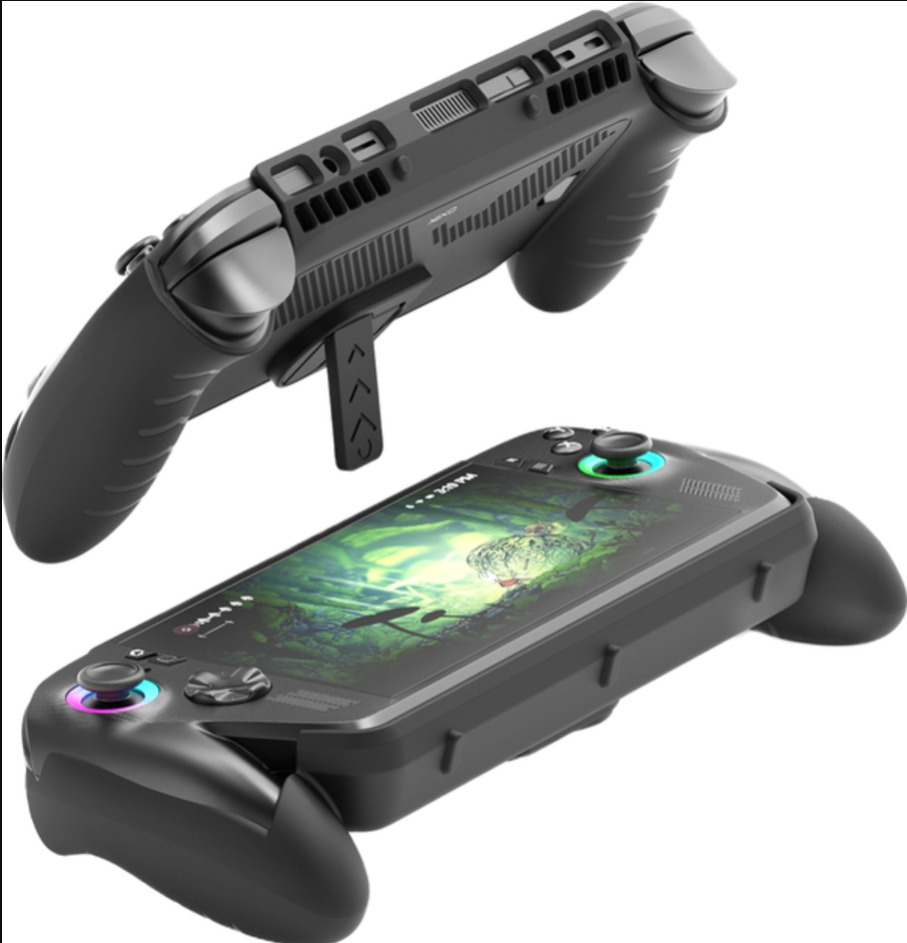 Czarna przenośna konsola do gier z podświetlanymi joystickami.