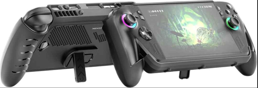 Czarna przenośna konsola do gier z podświetleniem joysticka RGB i wbudowaną podstawką.