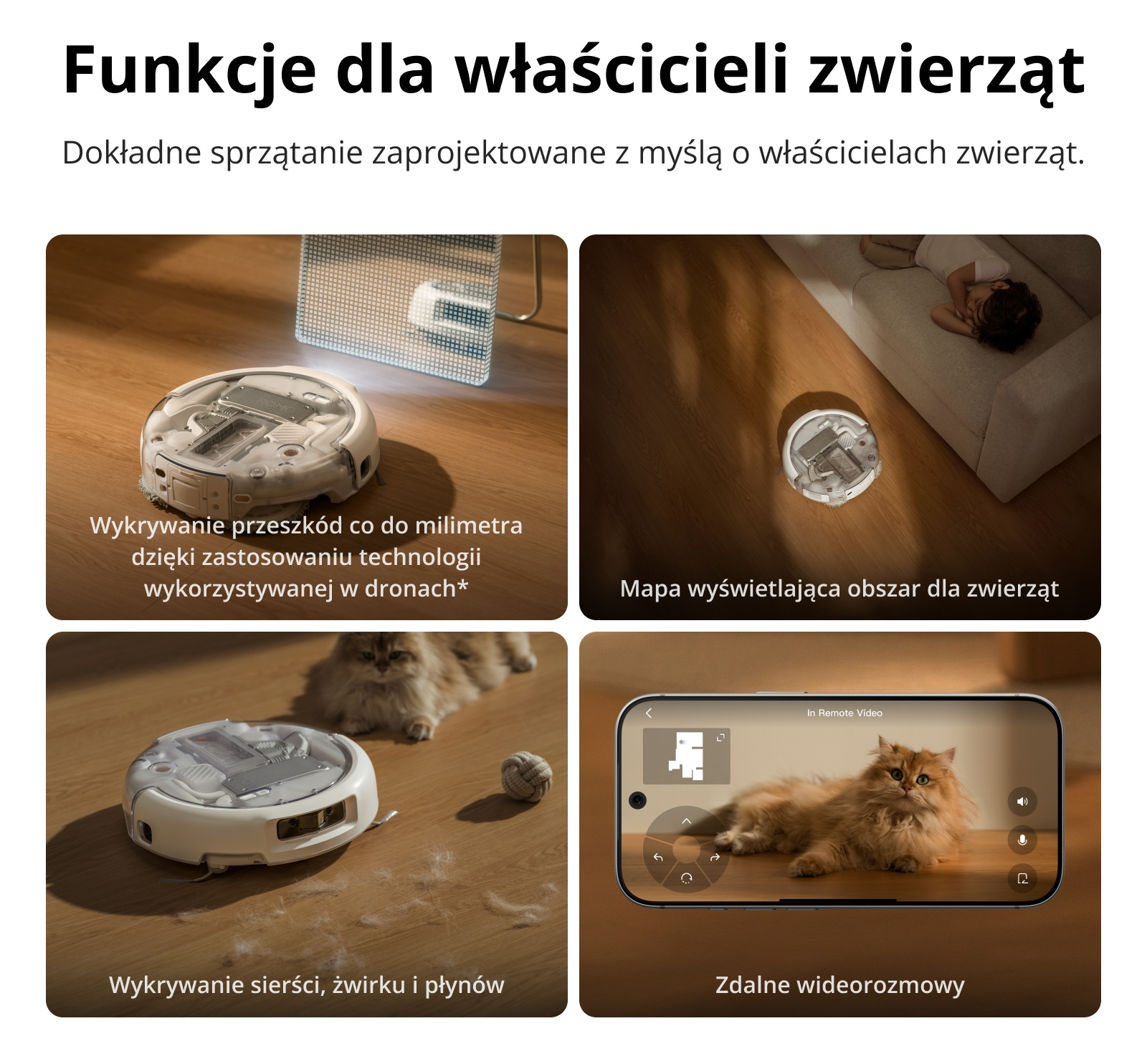 Grafika przedstawiająca cztery funkcje odkurzacza automatycznego dla właścicieli zwierząt.