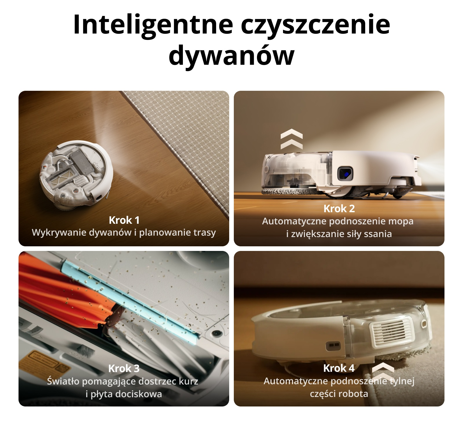 Czteroetapowy schemat przedstawiający robot sprzątający wykrywający dywany, podnoszący mop i czyszczący światłem.
