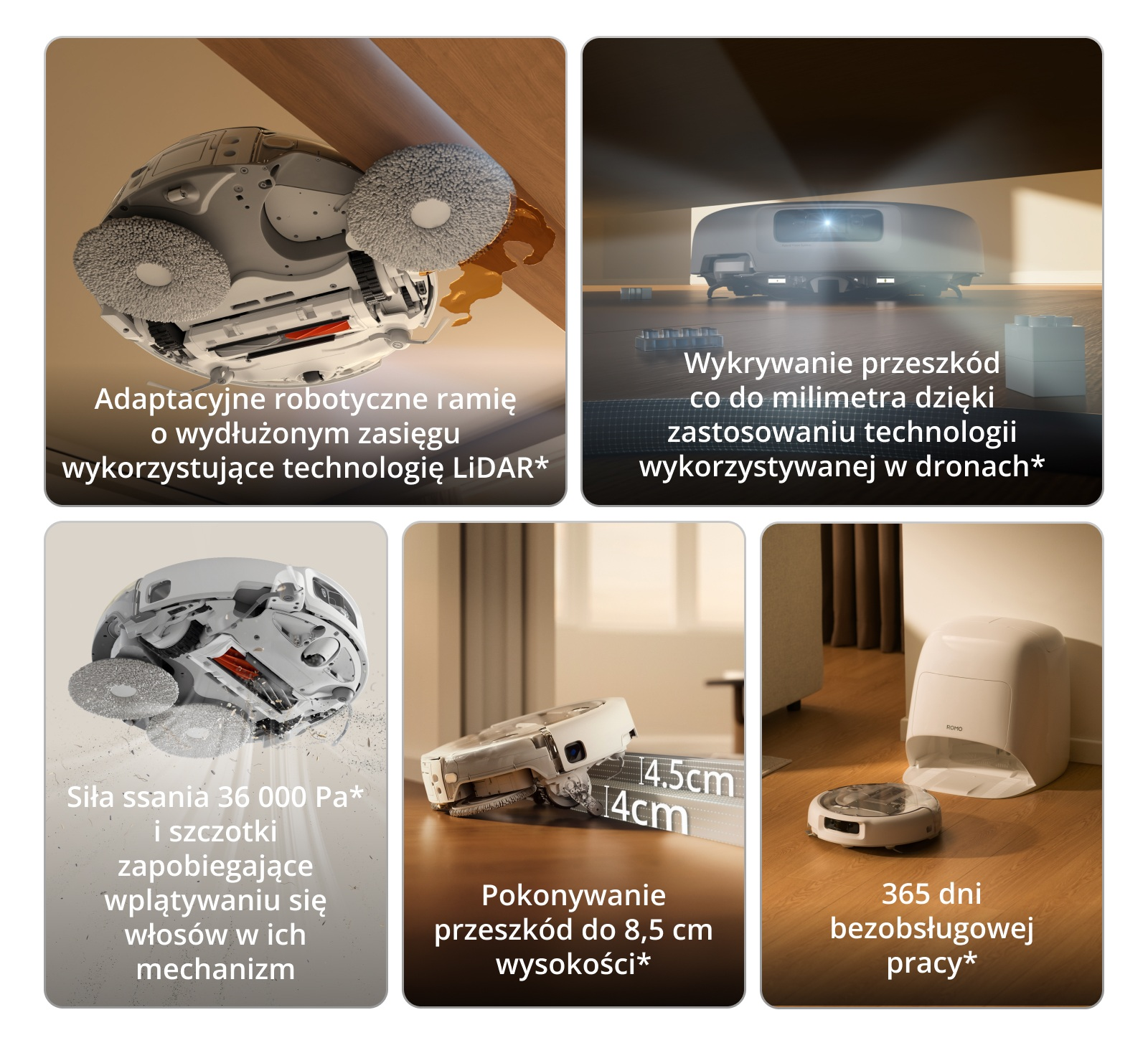 Różne widoki nowoczesnego robota sprzątającego z LiDAR, dużą siłą ssania i akcesoriami.