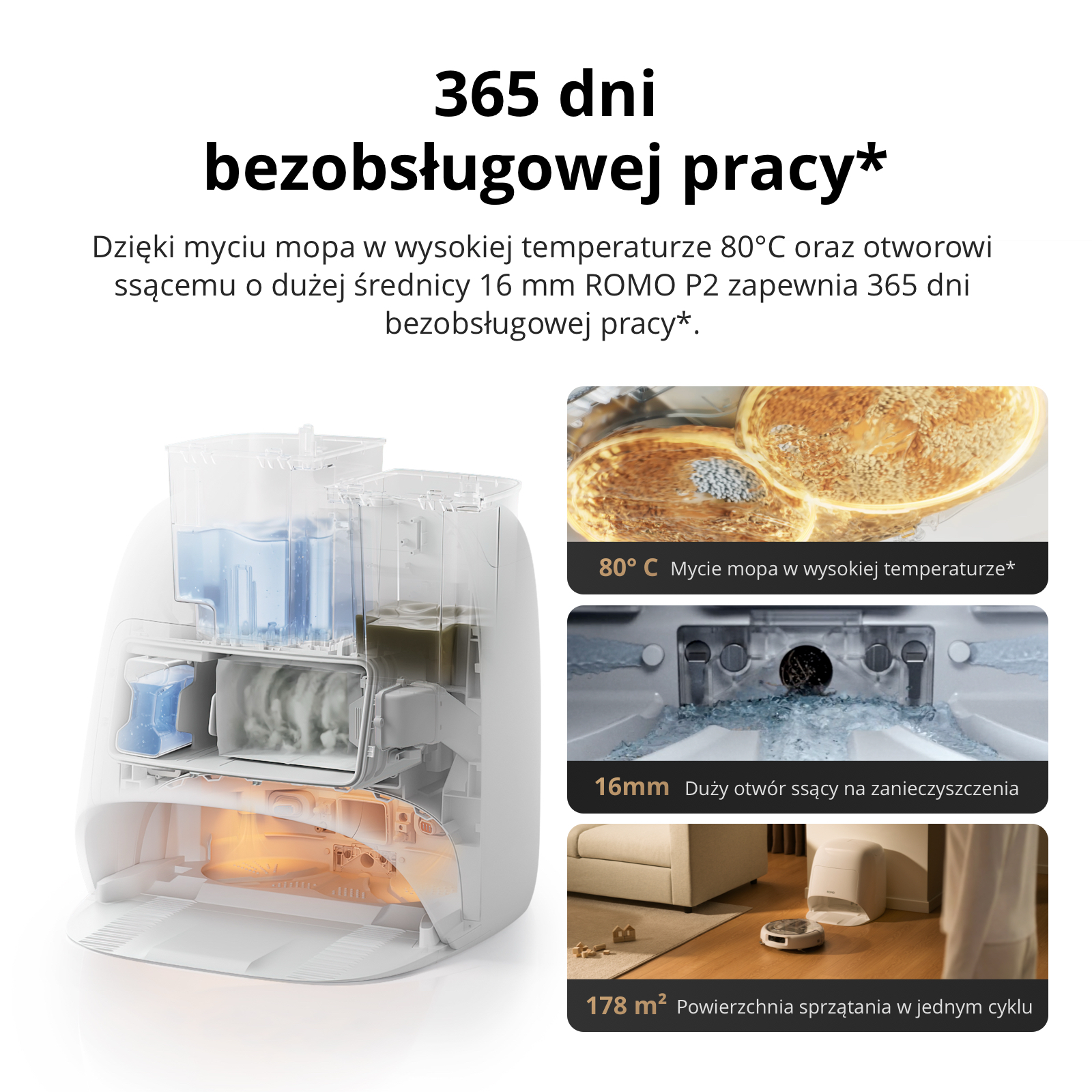 Schemat stacji czyszczącej zmywającej w 80°C, z otworem ssącym 16 mm i powierzchnią 178 m².