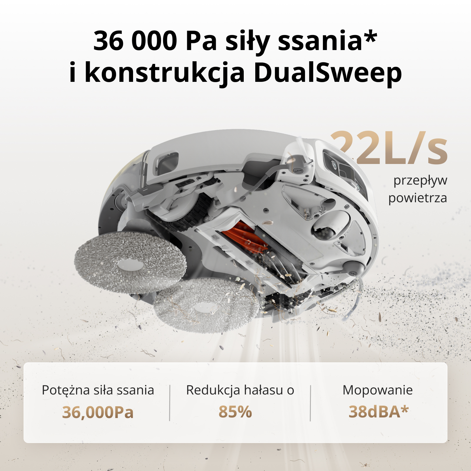 Widok od dołu białego robota sprzątającego z dwoma nakładkami mopującymi i funkcjami ssania.