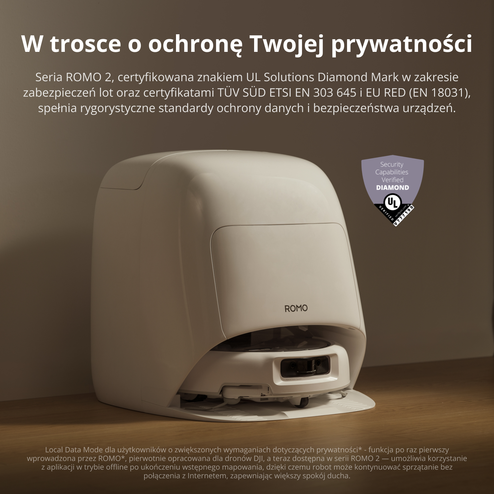 Biały robot ROMO 2 w stacji ładującej, otoczony polskim tekstem.
