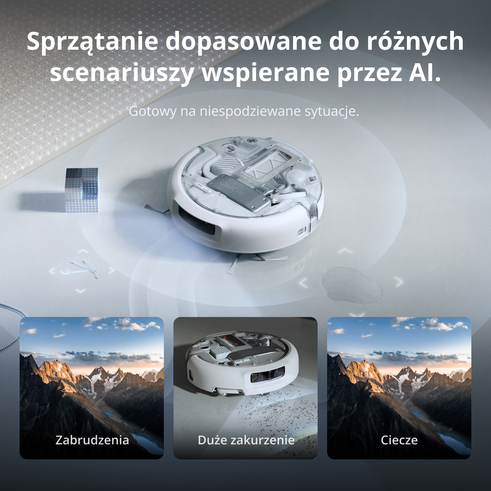 Biały robot sprzątający na podłodze z trzema mniejszymi obrazami gór i zabrudzeń poniżej.