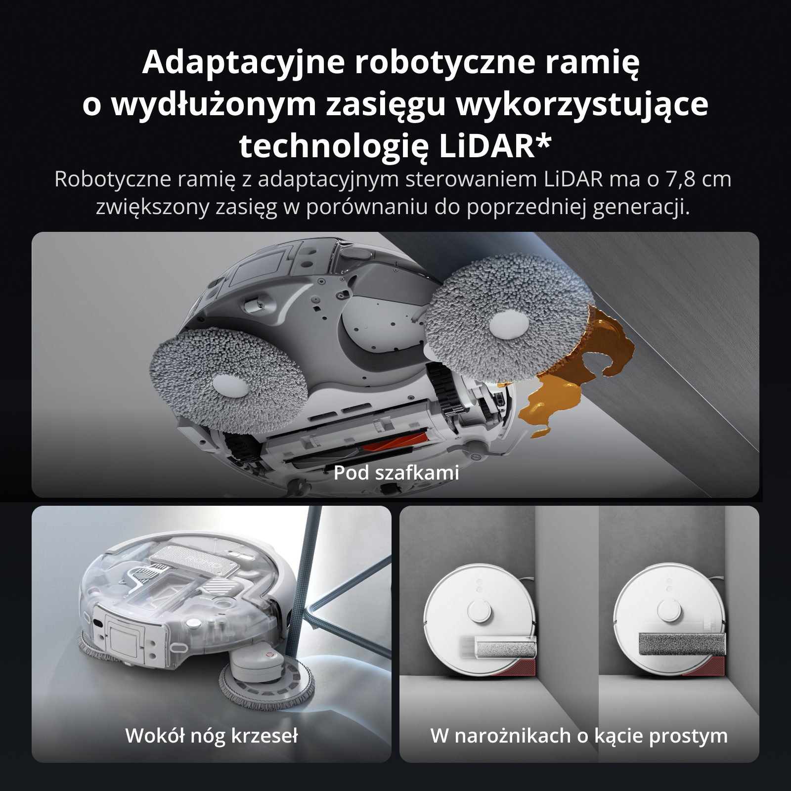 Ramię robota czyszczace pod meblami, wokół nóg i w narożnikach.