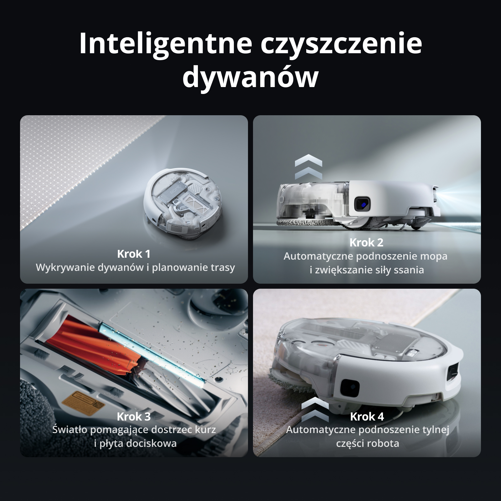Cztery kroki inteligentnego czyszczenia dywanów za pomocą odkurzacza.