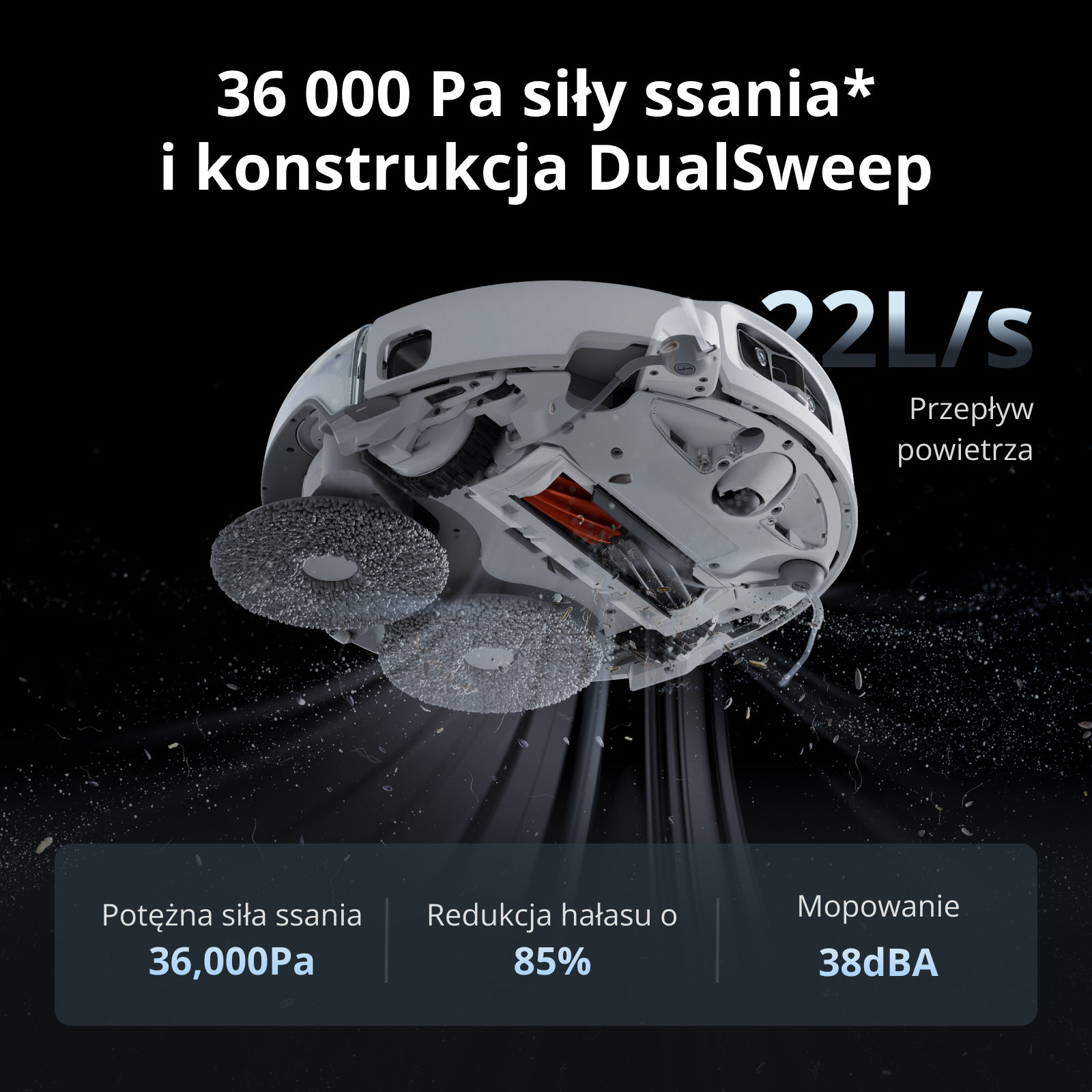 Spód białego robota sprzątającego z obracającymi się nakładkami mopującymi, tekst i specyfikacja na czarnym tle.